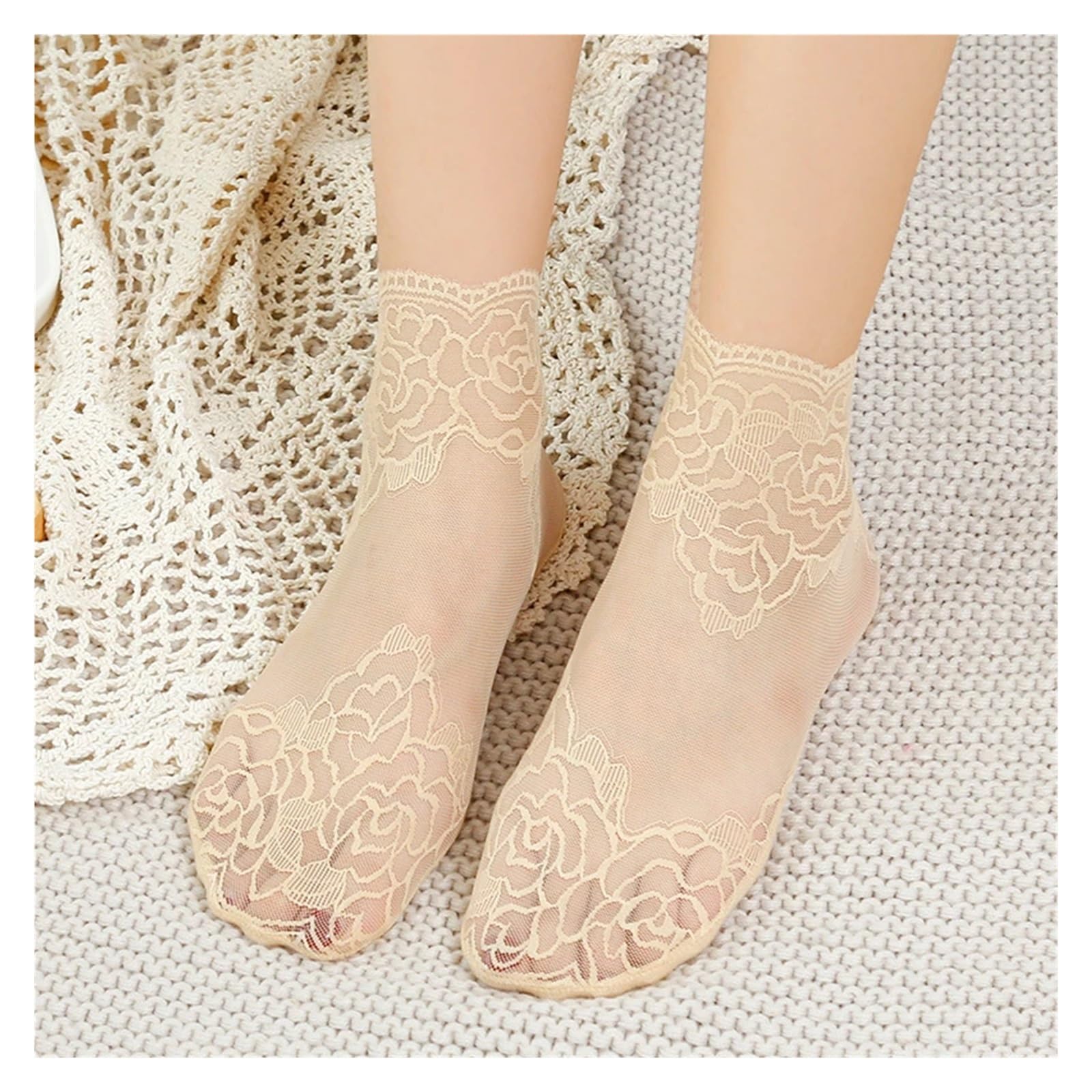 Medias Cortas Mujer 3 pares de calcetines encaje transparentes con estampado floral for mujer, cortos y finos verano for