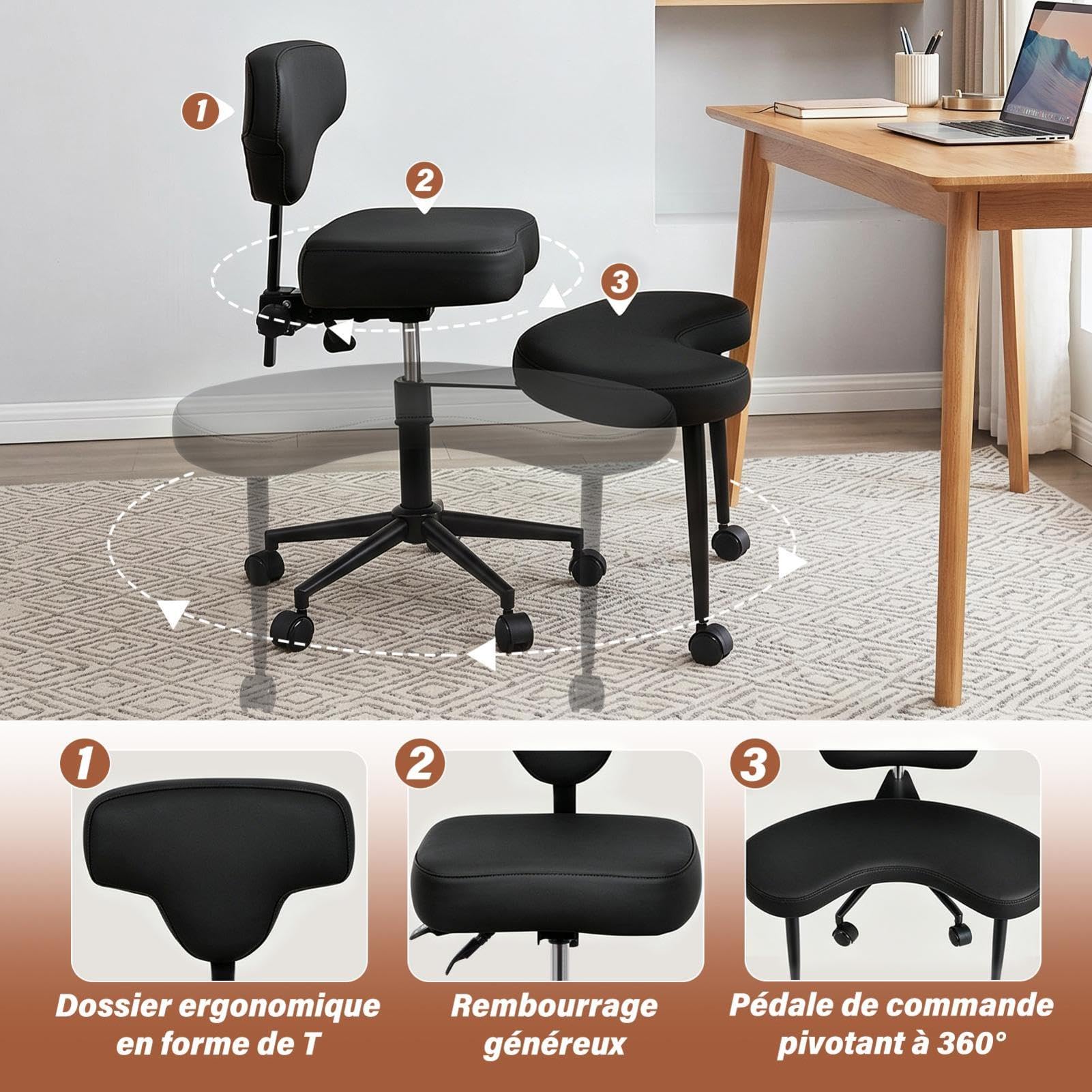 Chaise De Méditation, Chaise De Bureau TDAH À Jambes Croisées Avec Roulettes, Siège Réglable En Hauteur Et En Angle Avec Support Lombaire Pour Les Employés De Bureau Sédentaires,adultes Fidget Et Yoga