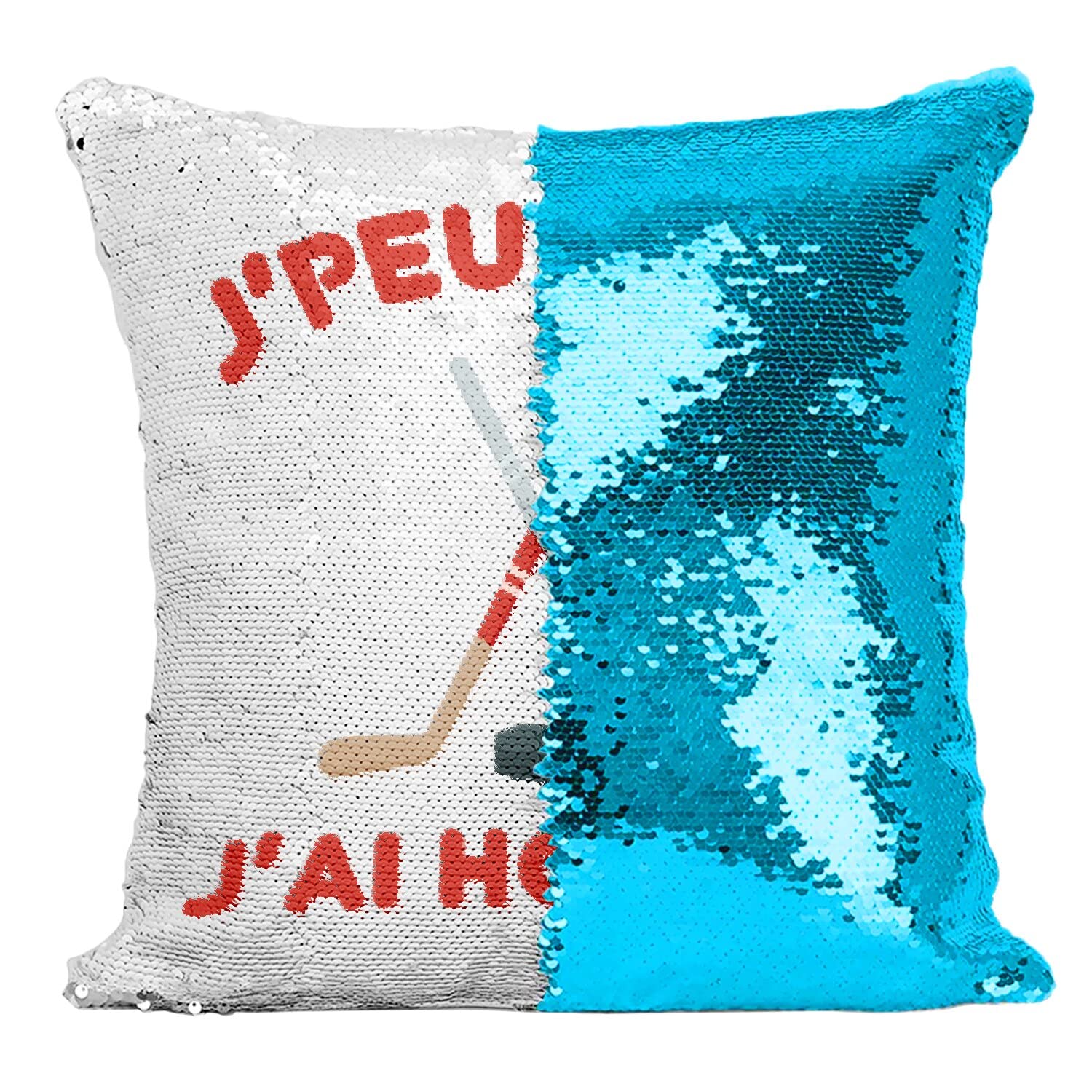 Coussin magique sequins turquoise pour exprimer sa passion du hockey