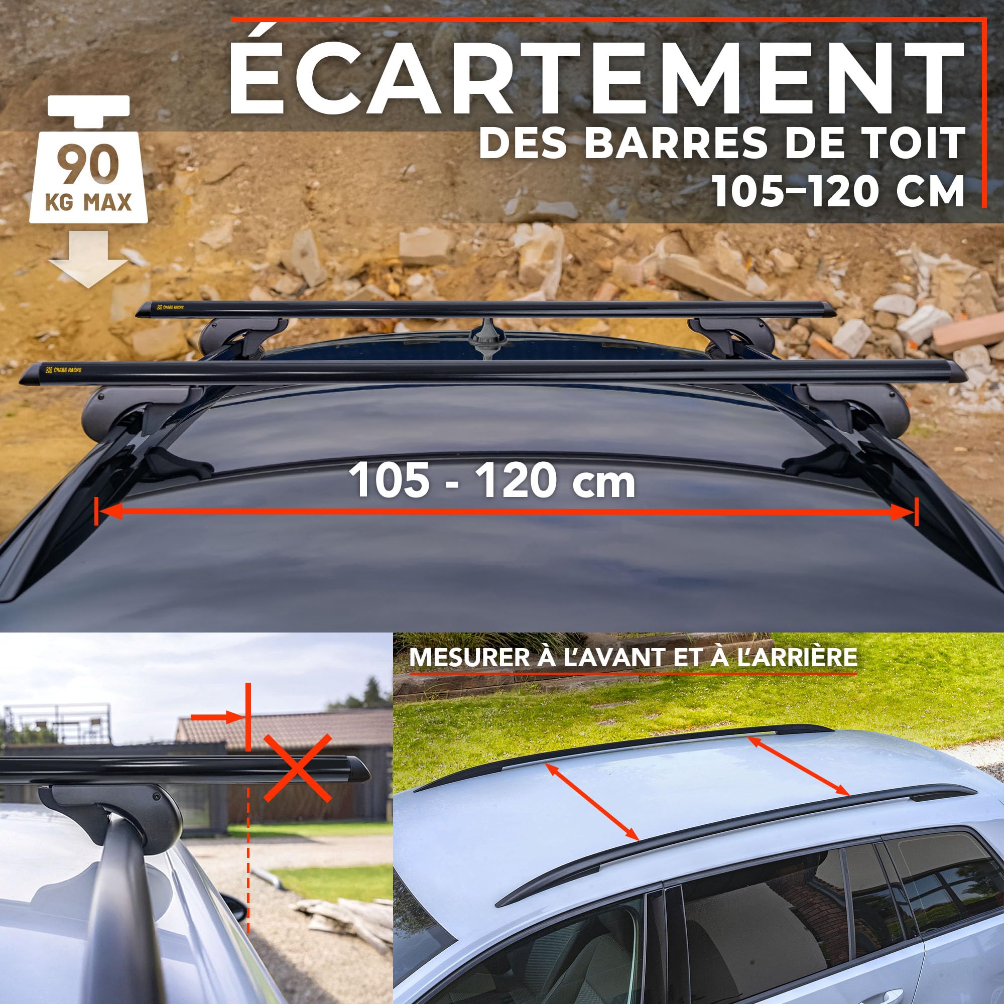 Chaos Racks | Barres de Toit Transversales Universelles pour Rails Ouverts | Transportez en Toute Sécurité Coffre de Toit, Porte-vélos, échelle | Construction Légère et Robuste en Aluminium | 135 cm
