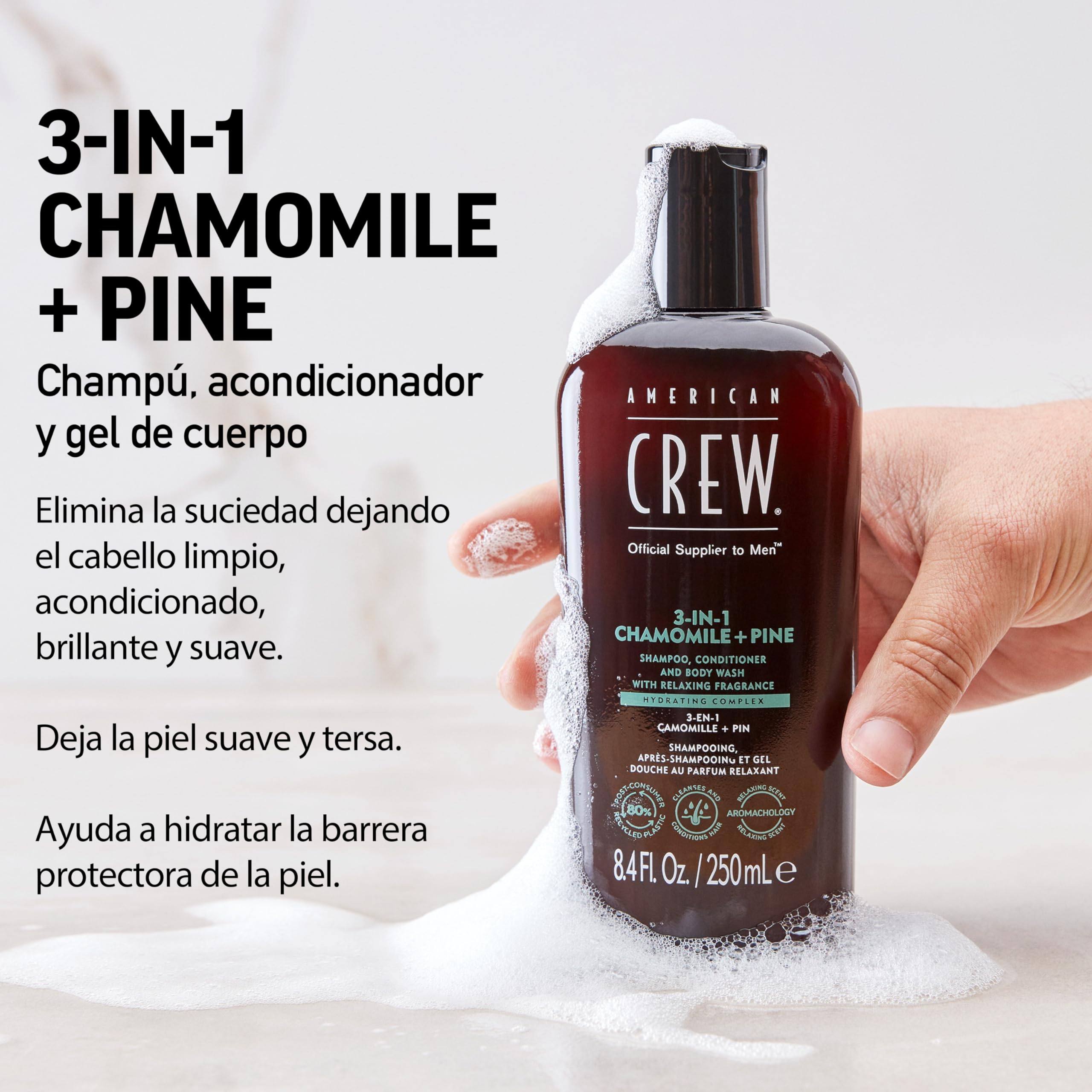 American Crew 3 en 1 Manzanilla y Pino, Champú Acondicionador y Gel de Ducha, Limpia e Hidrata el Cabello y Cuerpo, Mantiene y Repone la Barrera de Hidratación, Aroma Tranquilizante y Relajante