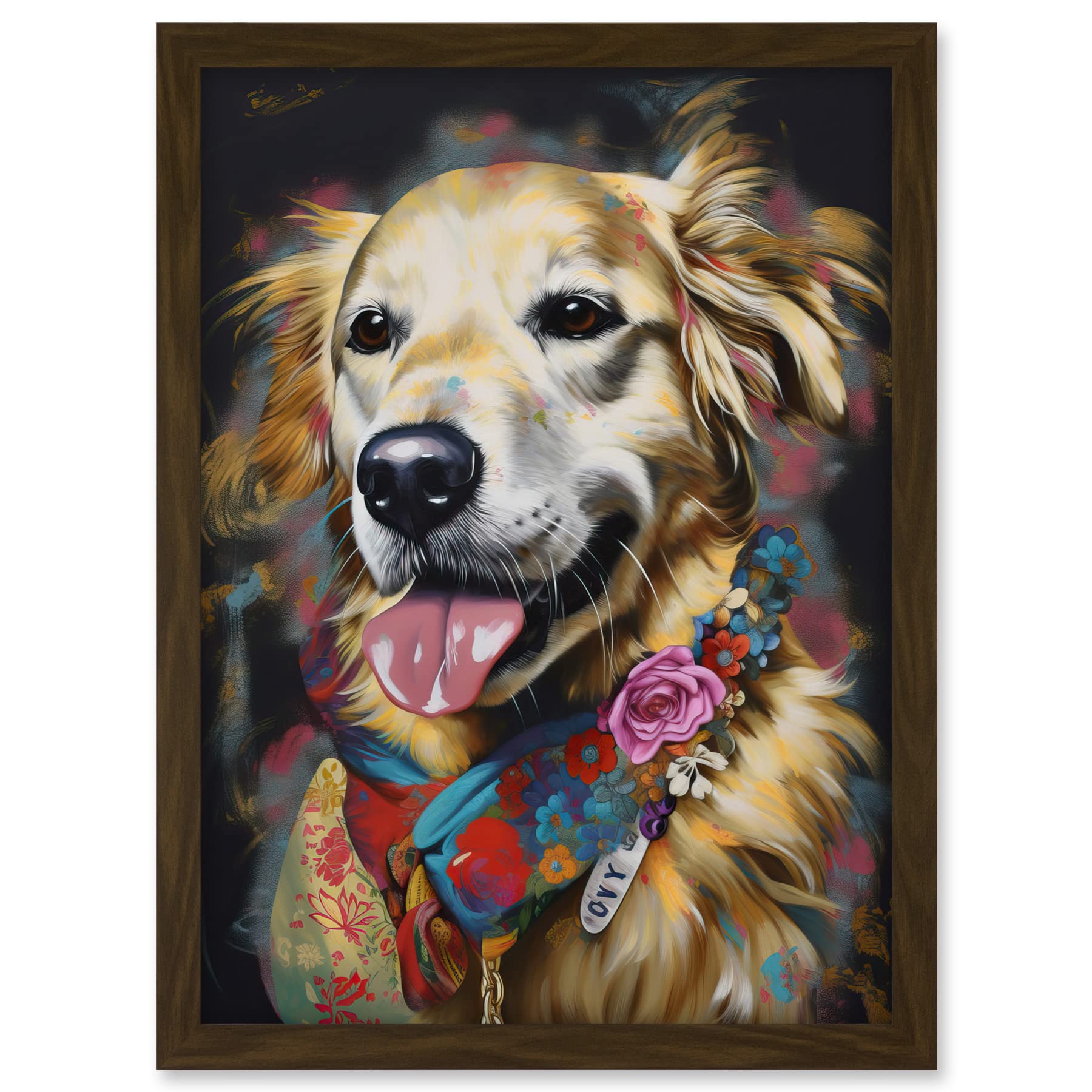 Artery8 Golden Retriever Dog with Floral Bandana Collar Artwork Framed A3 Wall Art Print
