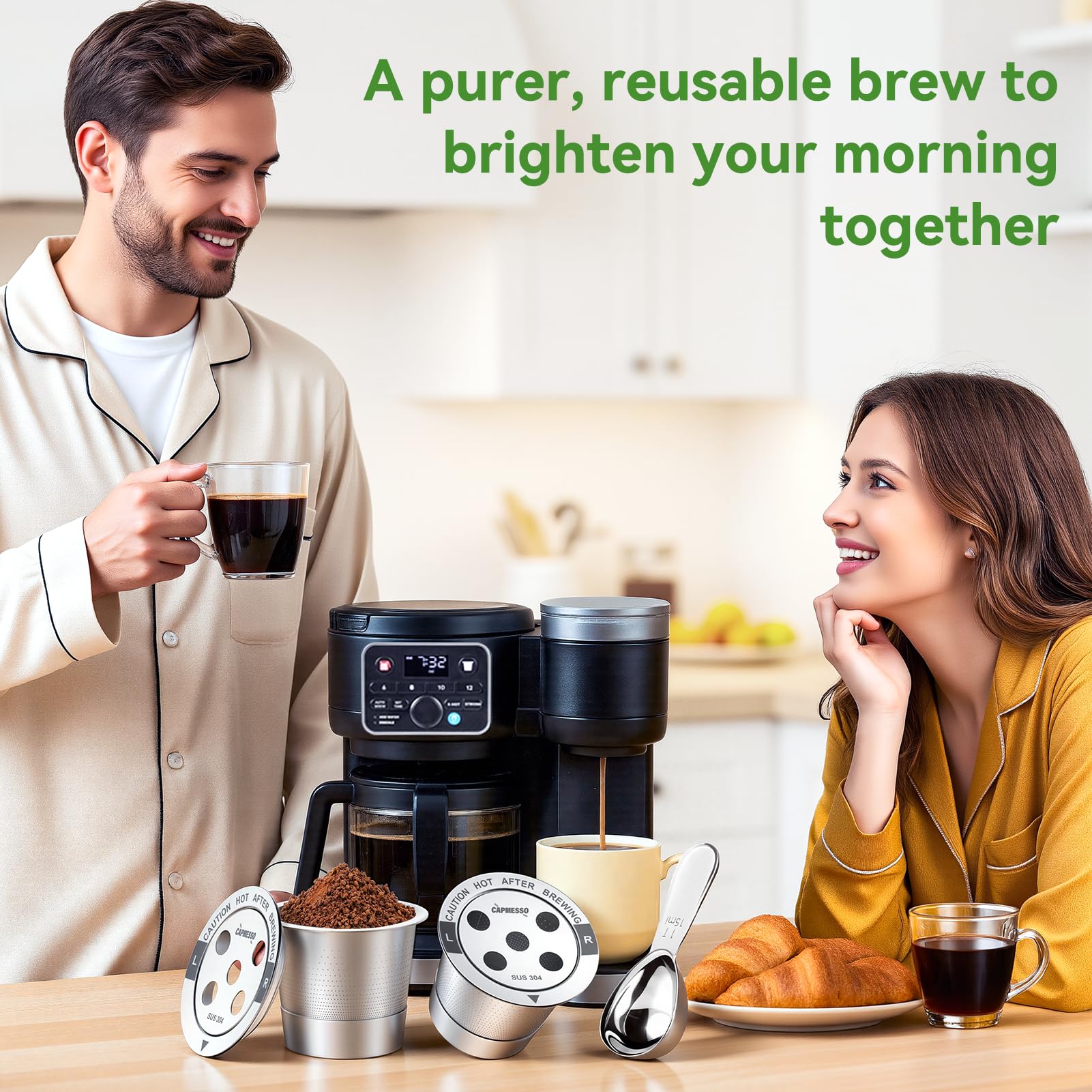 CAPMESSO Reusable K Cups for Keurig: 2026 All Stainless Steel Refillable Coffee Pods Metal Coffee Filters with 5 Holes & Scoop - for K Supreme/K Slim/K-Duo 2/K-Brew Chill MultiStream Maker (2 Pack) — view 8