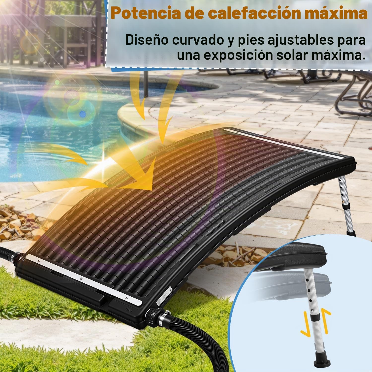 Calentador solar de piscina, colector solar 110 x 65 x 35 cm ajustable en altura, calentador solar de piscina 10000 L/H, conexión de 38 mm ampliable, para agua caliente de ducha de jardín