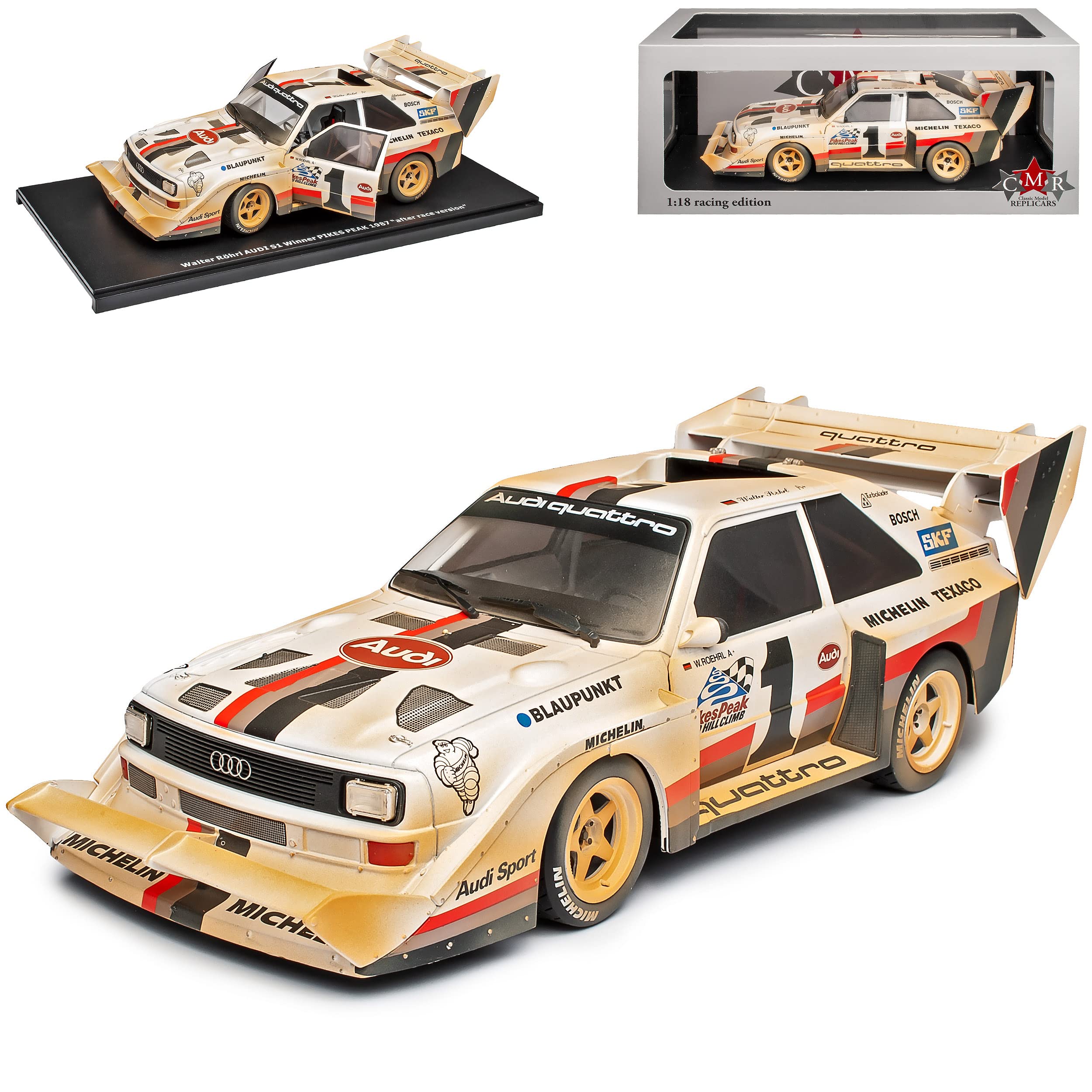 NEW A*U*D*I Sport Quattro S1 Sieger Pikes Peak Dirty Version After Race Röhrl 1987 1/18 CMR Modell Auto mit individiuellem Wunschkennzeichen