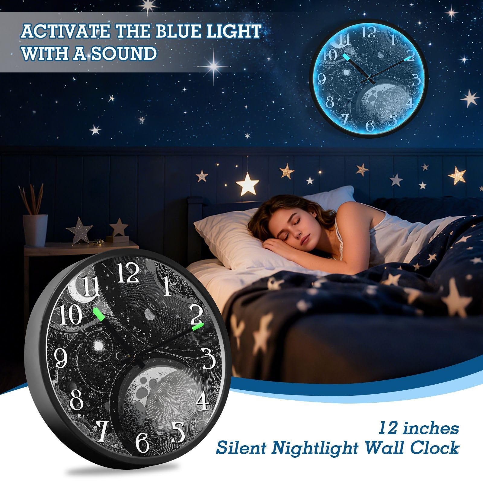 Mnsruu Reloj de pared con diseño de luna y tierra, astrología, luminoso, funciona con pilas, silencioso, brilla en la oscuridad, para sala de estar, cocina, 12 pulgadas