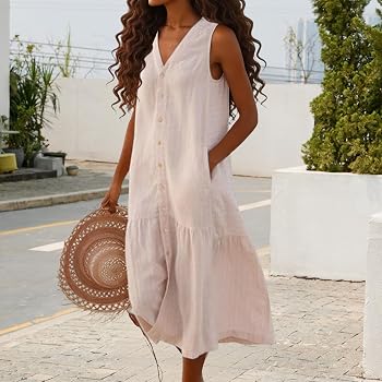 casual layered dress Summer Sleeveless Maxi Long Dress V Neck Tiered Beach with Pockets Beige Small at Amazon Women's Clothing store black jogger women