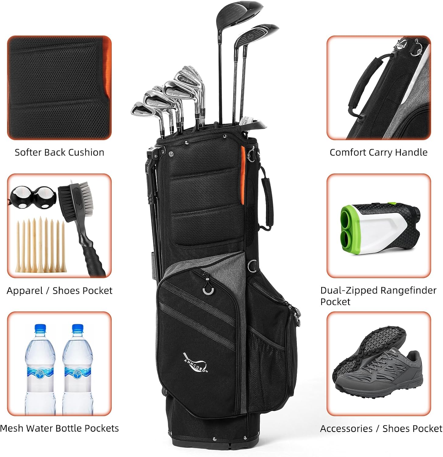 ANNCORD Golf Stand Bag 14 Way Top Dividers Full-Length with Stand, 7 Pockets, Lightweight Golf Bag for Men, Dual Strap, Rain Hood, Portable Golf Club Bag for Men Women
