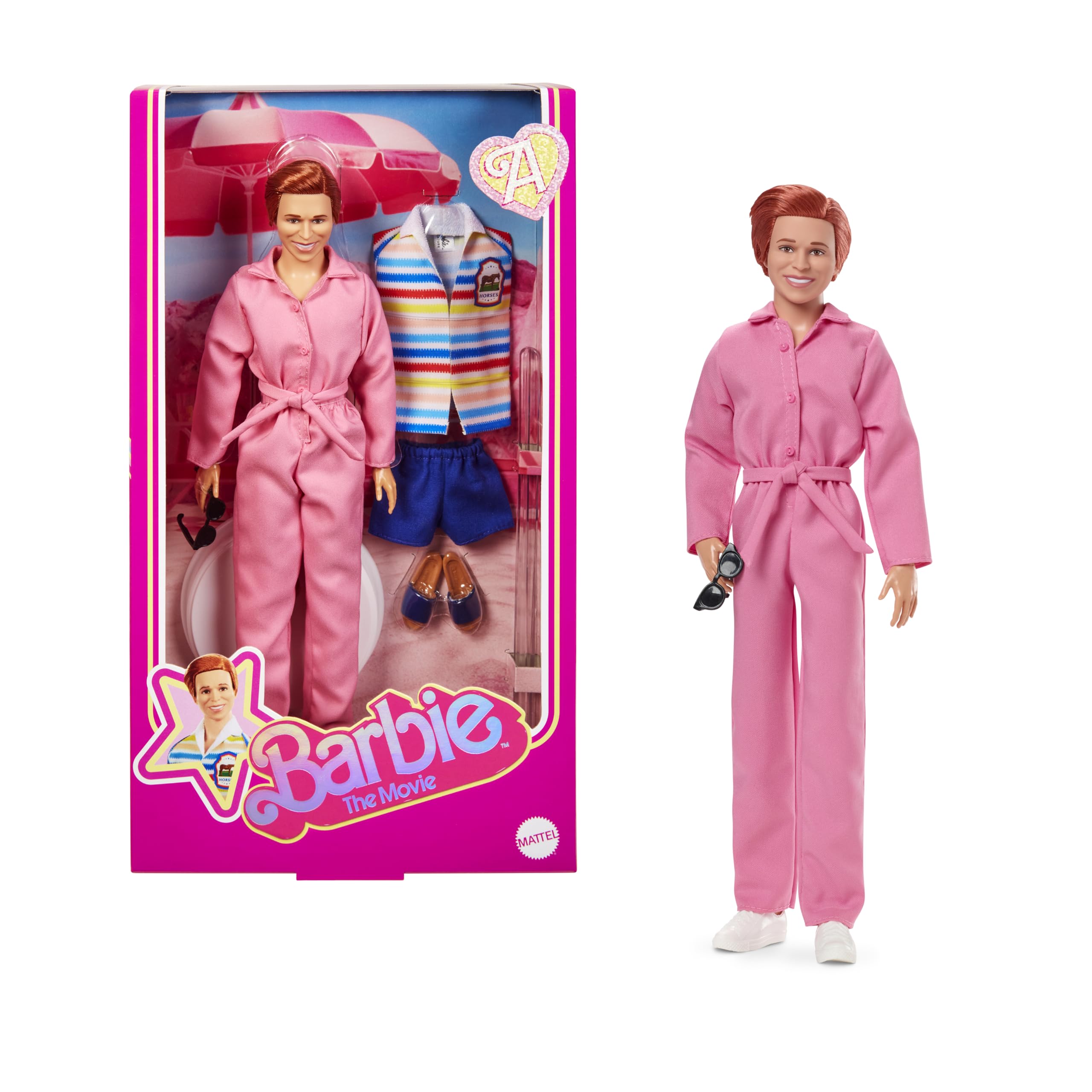 Barbie The Film - Allan-Sammlerpuppe, Michael Cera als Allan in 2 abnehmbaren Outfits aus dem Film, rosa Jumpsuit & blau gestreiftes Strandset mit Sonnenbrille, JBJ42