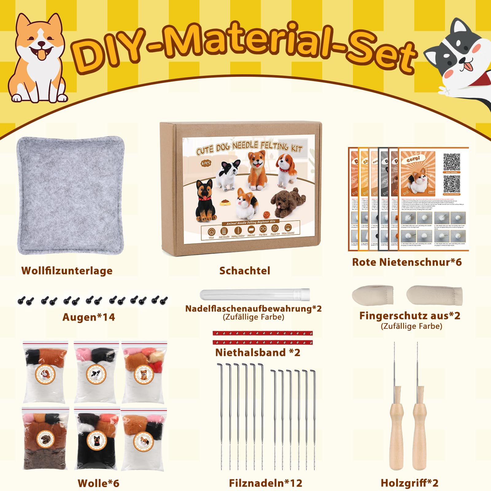 Doxiru Komplett Nadelfilz Set für Anfänger, 12-teiliges Starter-Set und 6-teiliges Hundefilz Set, Filzwerkzeuge mit Anleitung für Tierherstellung DIY Wolldekorationen