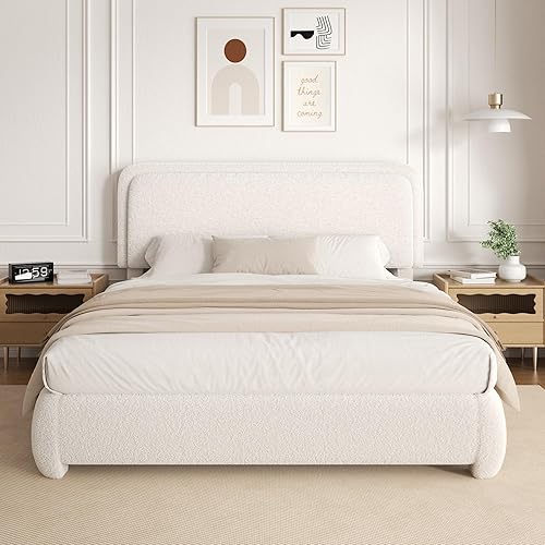 Miniatura 19 de Base de cama de tamaño Queen con plataforma de bouclé, base de cama tapizada tipo nube con cabecera ajustable, esquinas redondeadas anticolisión, no