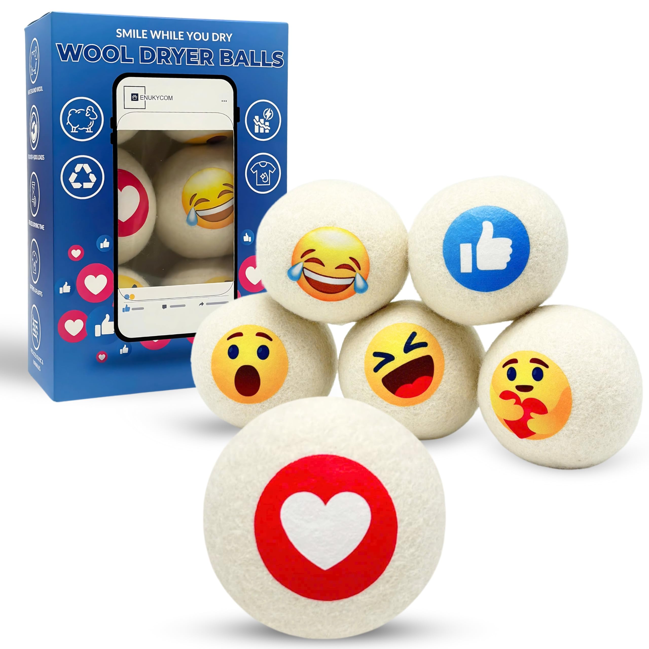 Dryer Ball Kit: 6 XL Wool Dryer Balls - Natural Fabric Softener, Reusable, Reduces Clothing Wrinkles and Saves Drying Time - Reduces Wrinkles and Saves Drying Time (6pcs Wool Dryer Ball) (Emoji)