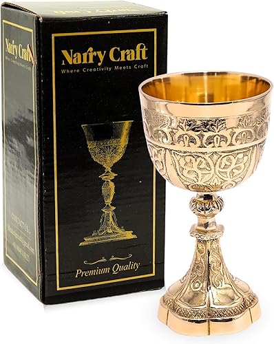 Copa de vino decorativa de latón macizo con diseño en relieve real, medieval, hecha a mano, con diseño real en relieve, 1 unidad (sin caja, cáliz