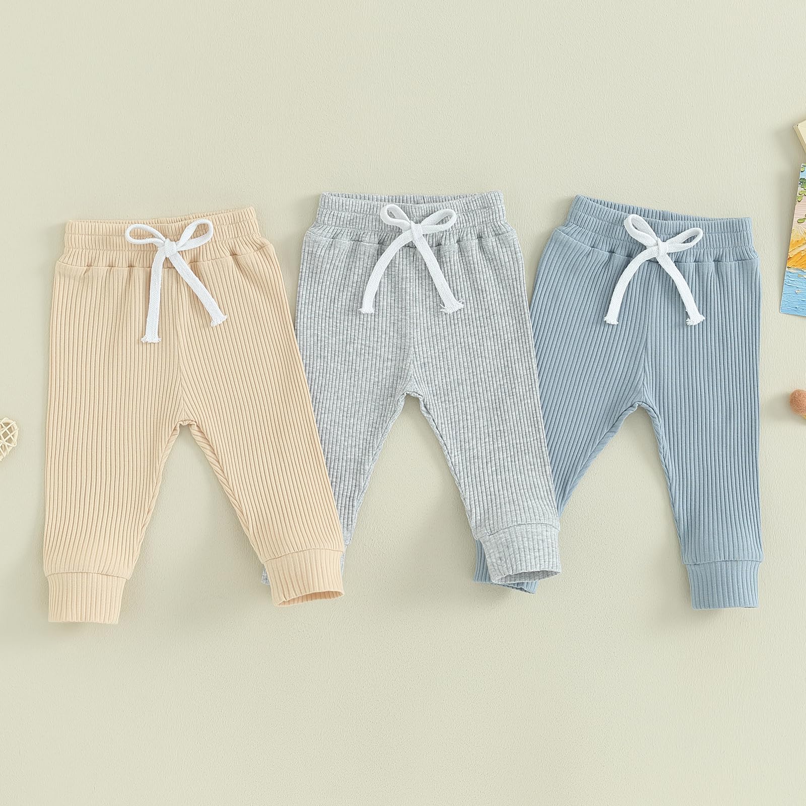 Unisex Baby Clothes Toddler Baby Boy Girl Joggers Pants Solid Drawstring Cotton Sweatpants Fall Winter Outfit (Grey+Apricot+Blue,0-6 Months)