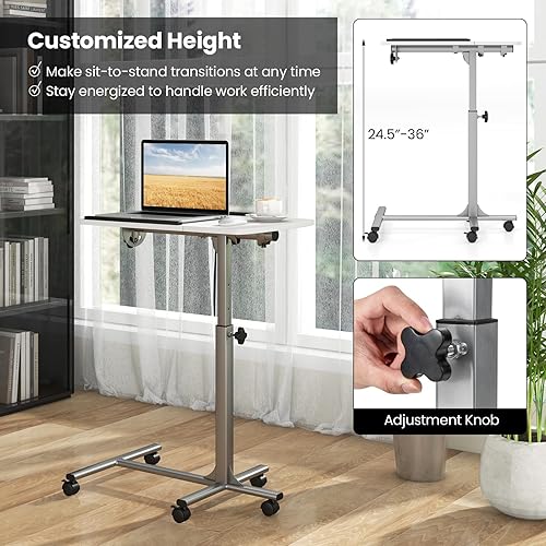 Miniatura 5 de COSTWAY Soporte rodante para laptop, bandeja para portátil y carrito con mesa inclinable giratoria de 45 grados, podio móvil ajustable en altura de