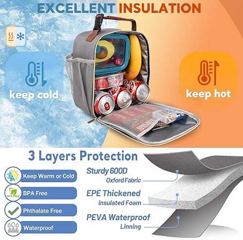 Miniatura 5 de Genteen Lonchera reutilizable para hombres, mujeres, niños y adultos, lonchera aislada impermeable, hielera pequeña con bolsillos laterales para el