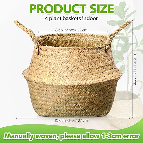 Miniatura 2 de Qunclay Cestas tejidas de hierba marina, plegable, bohemio, natural, con asas, redondas, decorativas, de mimbre, macetero grande para interiores y