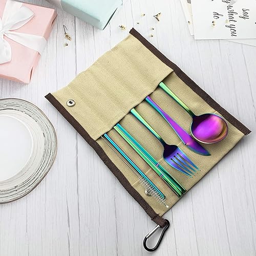 Miniatura 2 de JASHII El juego de cubiertos de viaje incluye cuchillo reutilizable, tenedor, cuchara, palillos, pajilla, utensilios ecológicos, utensilios de