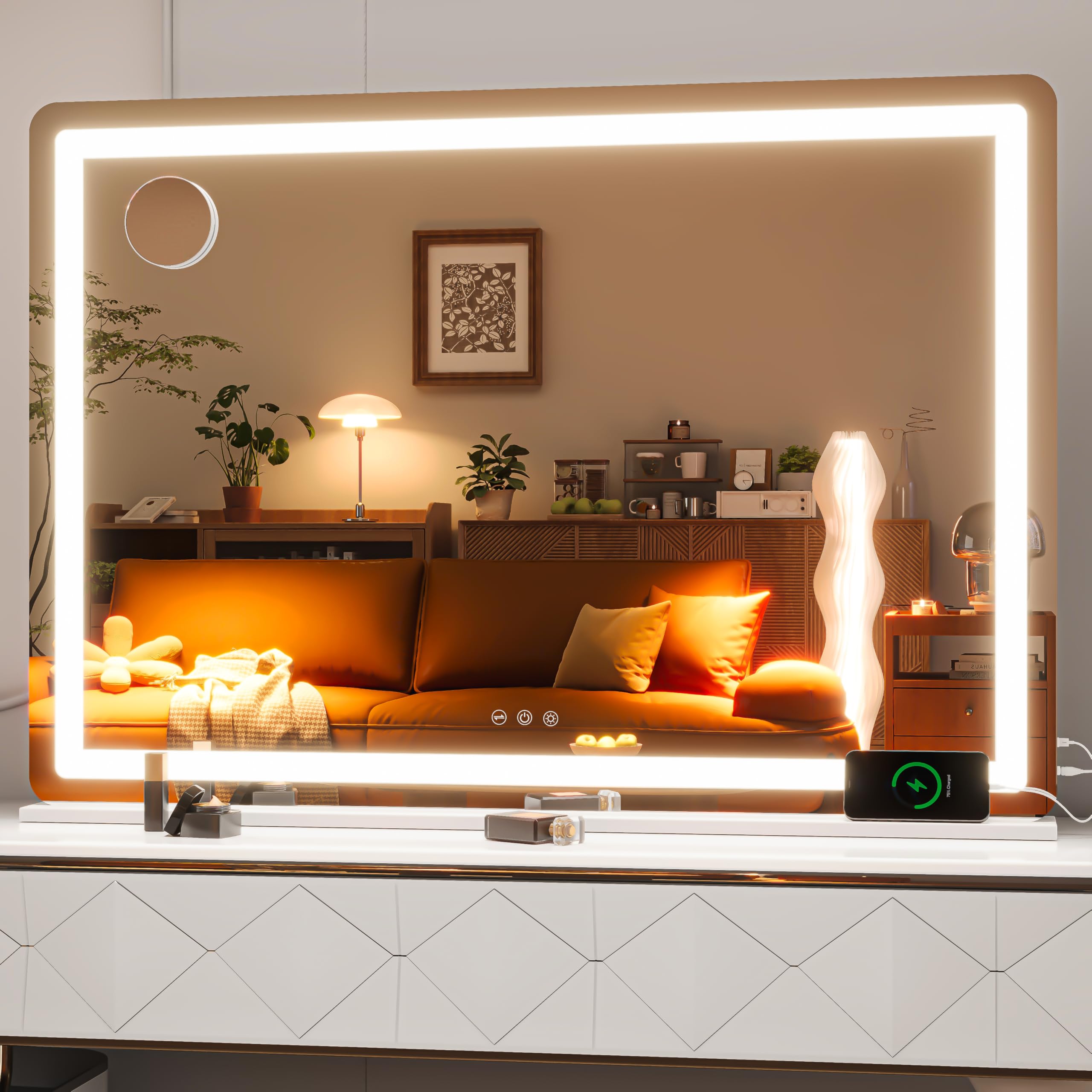 Hasipu Vanity Mirror with Lights, 105 x 75cm LED Makeup Mirror, Lighted Makeup Mirrors with Dimmable 3 Modes, Touch Screen Control Vanity Mirrors Round White