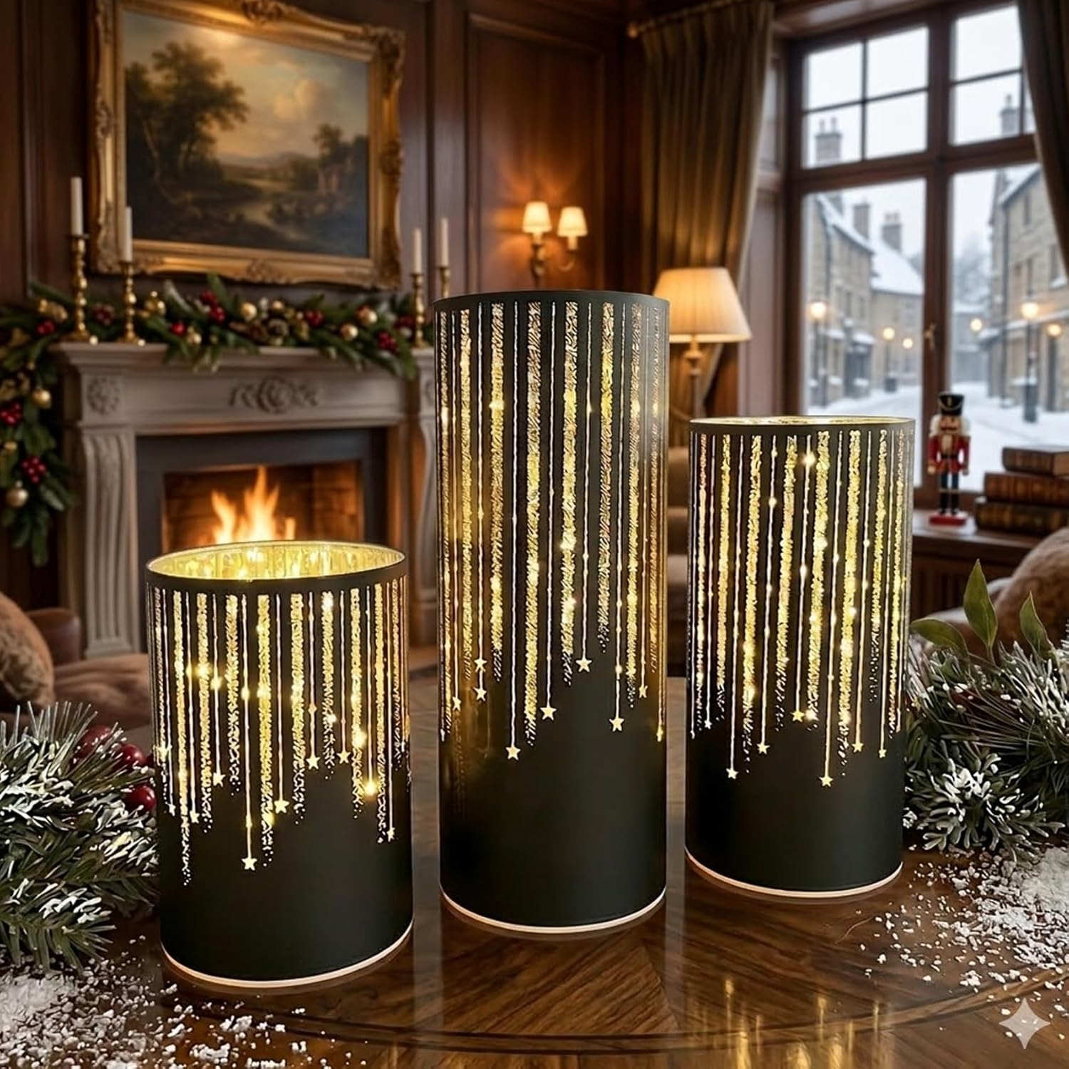 Set of 3 Illuminated Starry Night Hurricanes, Illuminated Hurricanes with Timer & LED Lights, Streaming Star Projector Glass Hurricanes -Enhance Year-Round Holiday Decor for Mantel, Tabletop (Black)