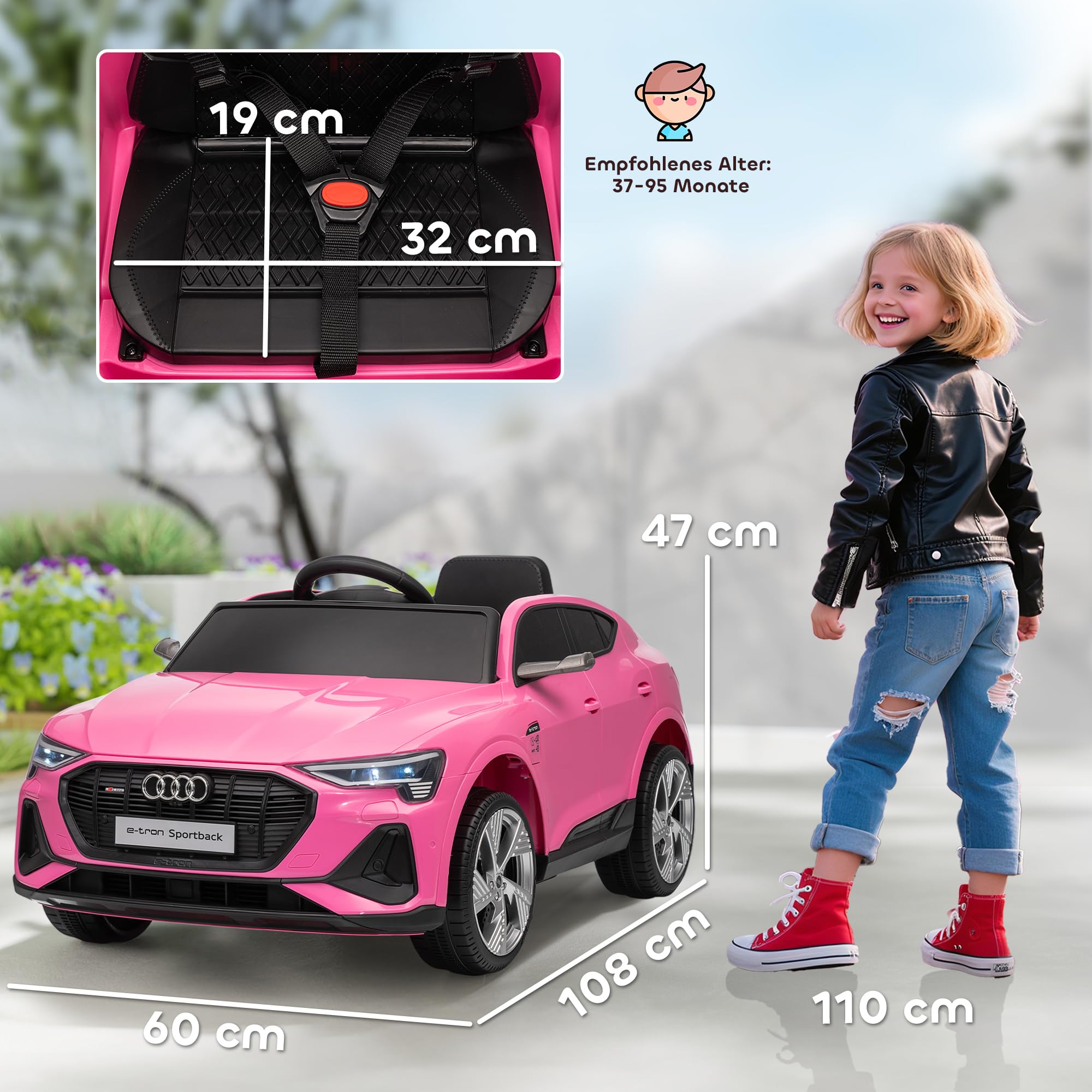 HOMCOM Elektryczny samochód dla dzieci 12V Audi E-tron z pilotem, pasem bezpieczeństwa i muzyką (MP3/USB/TF), dla dzieci 3-5 lat, 3-5 km/h, Różowy