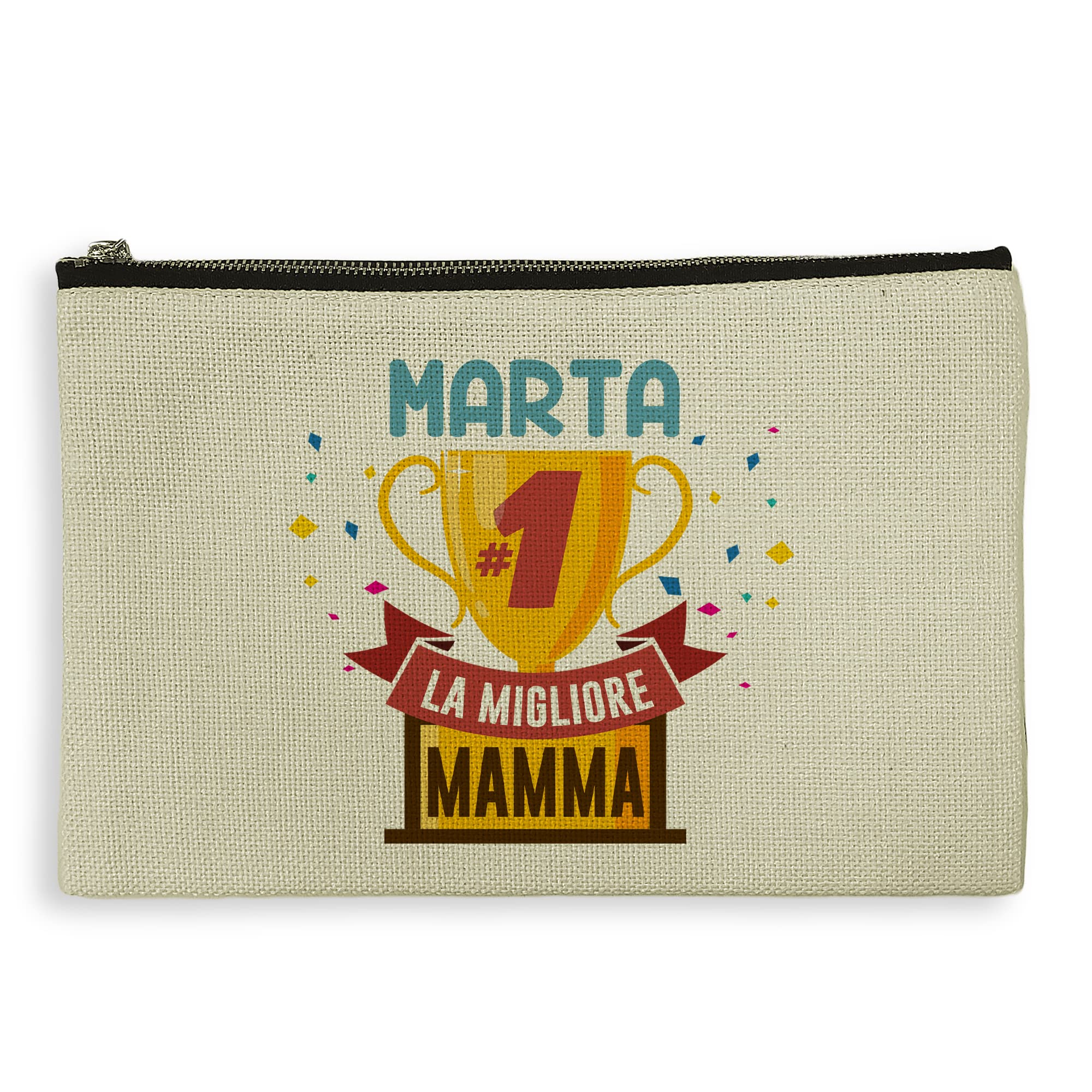 Pochette Personalizzata LOVE YOU MOM - Beauty Case Da Viaggio In Tessuto Lino, 11,5x22,5 Cm, Regalo Originale Per La Festa Della Mamma