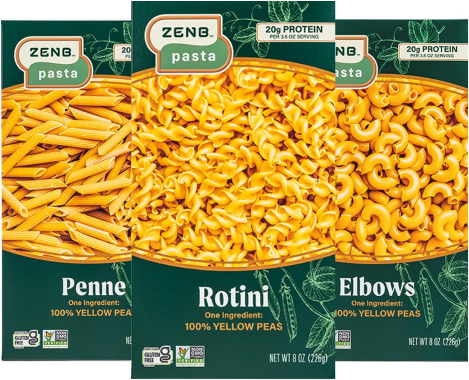 ZENB Plant Based Rotini, Elbow, and Penne Variety Pack Pasta - Made From 100% Yellow Peas, Gluten Free, Non-GMO & Vegan, 20g of Protein & 12g of Fiber In Every Serving - (Pack of 3)