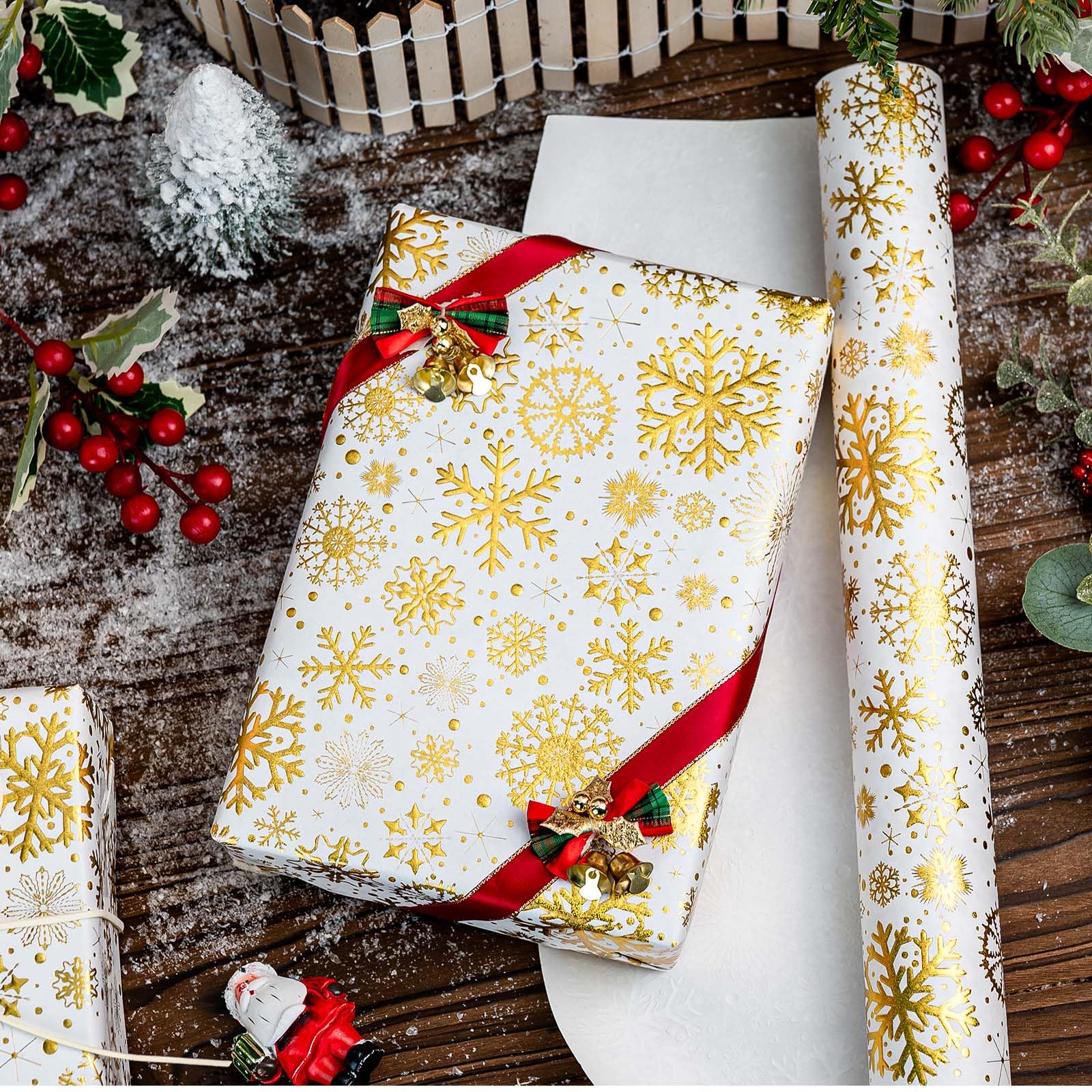 Condition photo showing Brand New for Yarcony Kraft Christmas Wrapping Paper, 3D Snowflakes Wrapping Paper, Luxury Gold and White Snowflakes Christmas Gift Wrap, Festive Gift Packaging for Winter Holiday(Mini Roll, 17 Inch X 33 Feet)