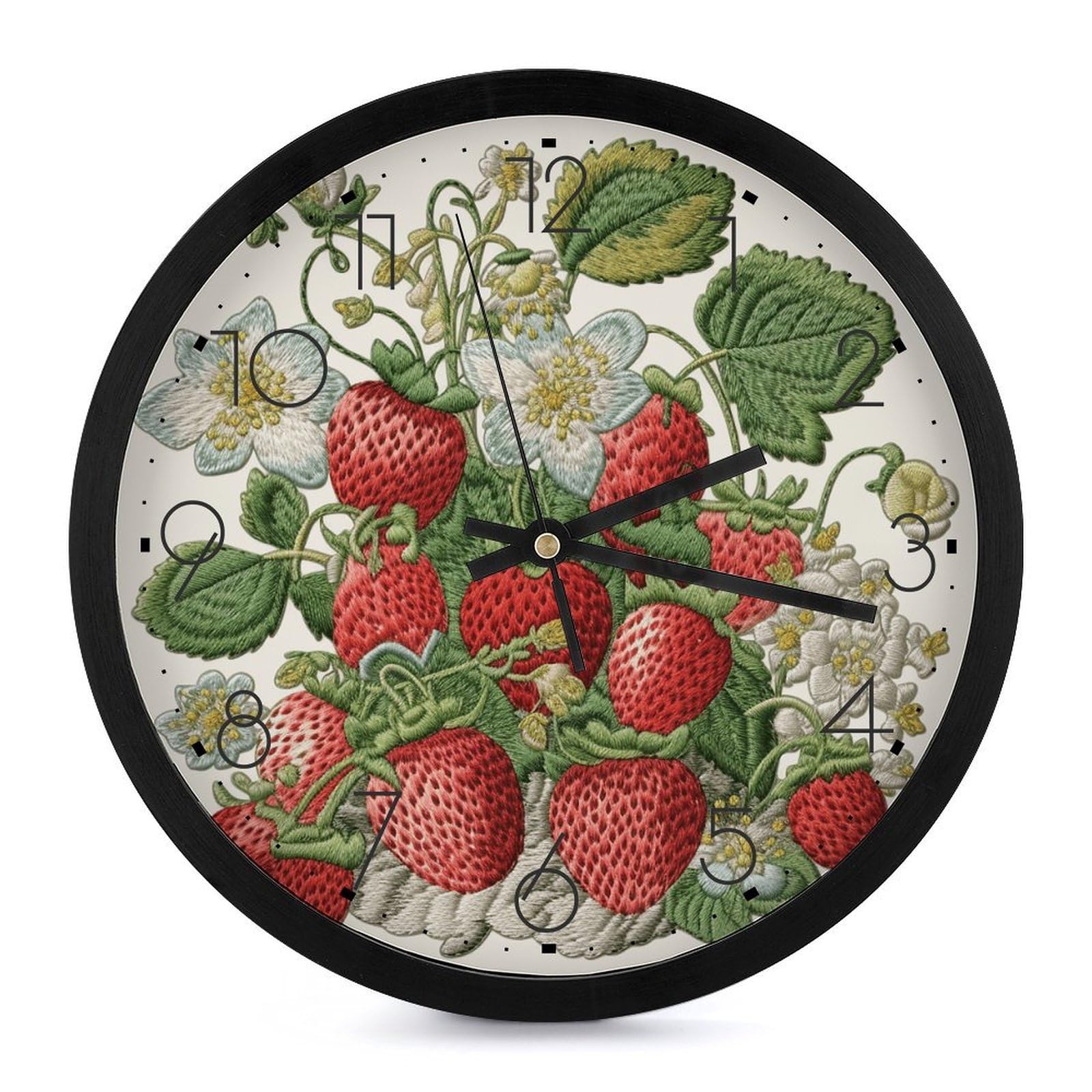 Horloge décorative cuisine et chambre motif fraise brodée ronde