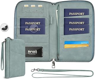 Family Passport Holder Wallet RFID Travel Document Organizer for Women Men, Portable Case Cover for Cards, Boarding Pass with Wrist & Neck Strap, Airtag Pocket, Travel Essentials Gifts (Blue, 1pack)
