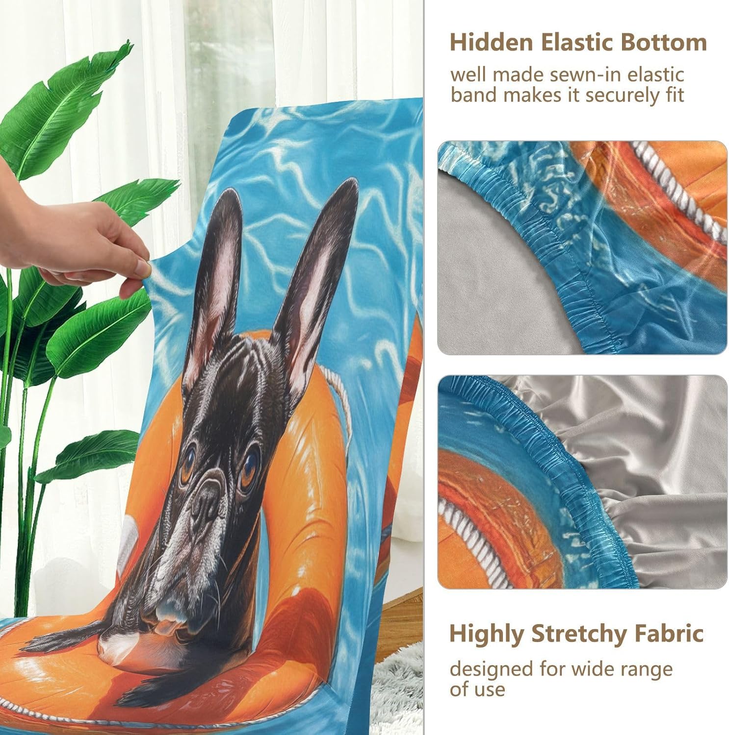 ALAZA Chair Covers for Dining Room, French Bulldog Life Buoy in Pool Stretch Chair Cover Sets Chair Protector Removable Washable for Ktichen Restaurant Hotel