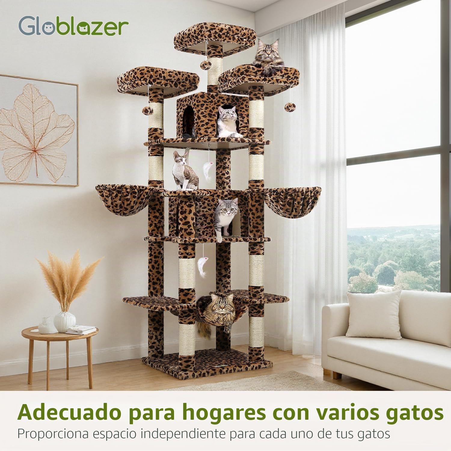 Globlazer Arbol Gato para 3-5 Gatos Leopardo XXL Alto 204 cm con 3 Perchas Acolchadas, 2 Nidos, 2 Cesta, Hamaca, Lujo Árbol Rascador para Múltiple Gatos Descansar Jugar Rascarse (F80, Leopardo)
