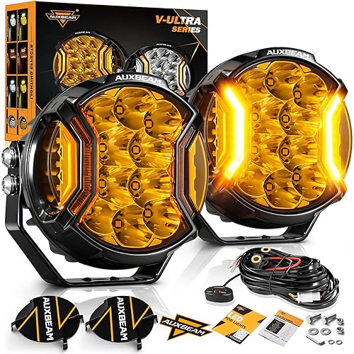 Auxbeam V-Ultra Series LED Round Light Pods, 5 Inch 172W Offroad Driving Side Shooter Light with Amber DRL, 270° Wide Range 20400LM Yellow/Amber Hyper Spot Beam Ditch Lights with Black Cover