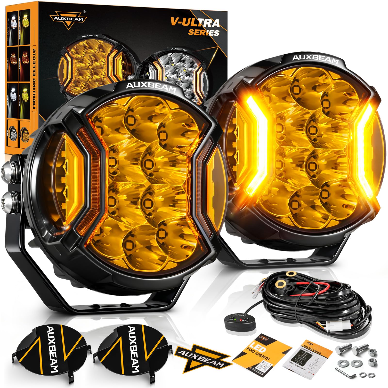 V-Ultra Series LED Round Light Pods, 5 Inch 172W Offroad Driving Side Shooter Light with Amber DRL, 270° Wide Range 20400LM Yellow/Amber Hyper Spot Beam Ditch Lights with Black Cover