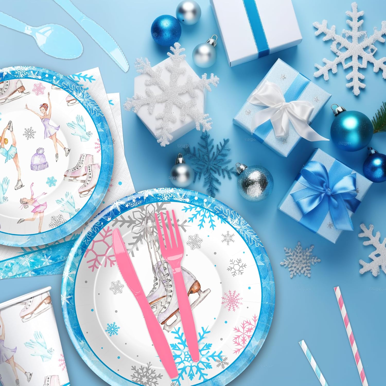 Ice Skating Birthday Party Decorations Tableware for Girls, Winter Wonderland Ice Skating Party Supplies, Paper Plate, Cup, Napkin, Tablecloth, Disposable Cutlery, Serves 24