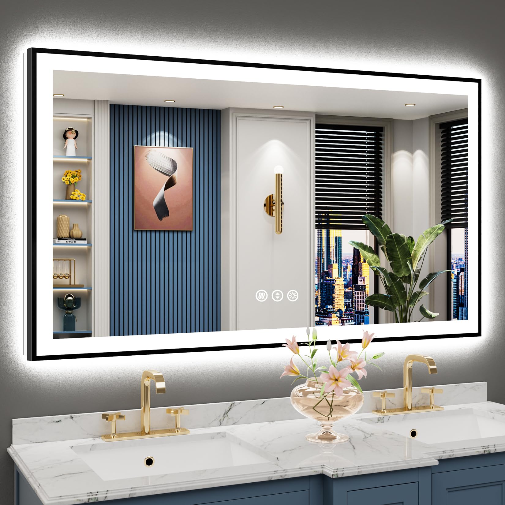 55x30 Black Framed LED Bathroom Mirror Backlit &amp; Front Lit Anti-Fog | Lighted Vanity Mirror, Dimmable 3-Color Light, Memory, CRI95, Tempered Glass, IP54 Waterproof, UL Listed, Horizontal/Vertical