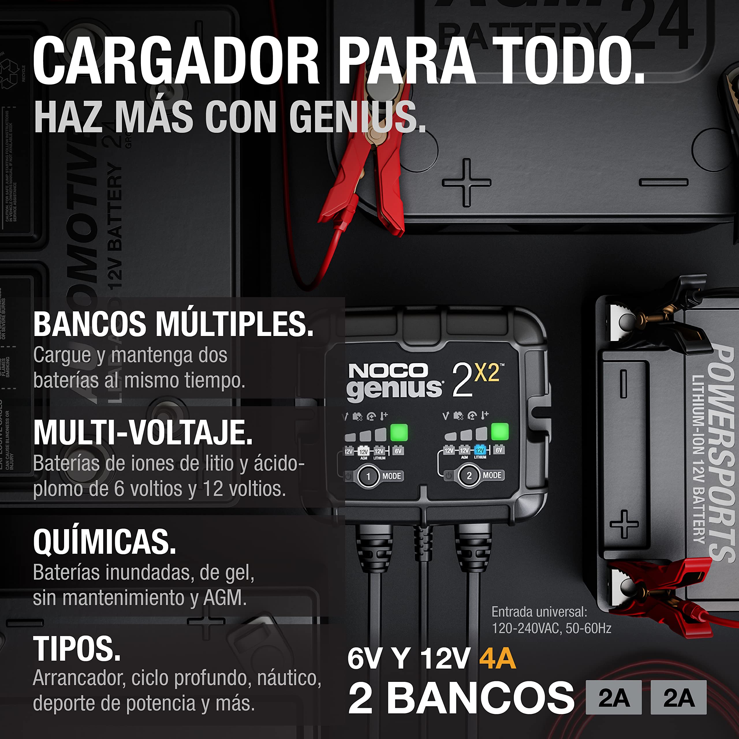 NOCO GENIUS2X2: Cargador Inteligente de baterías 4A con 2 Bancos (2A/Banco) – Mantenedor automático y desulfatador 6V/12V – Protección contra sobrecarga – para baterías de Plomo y Litio