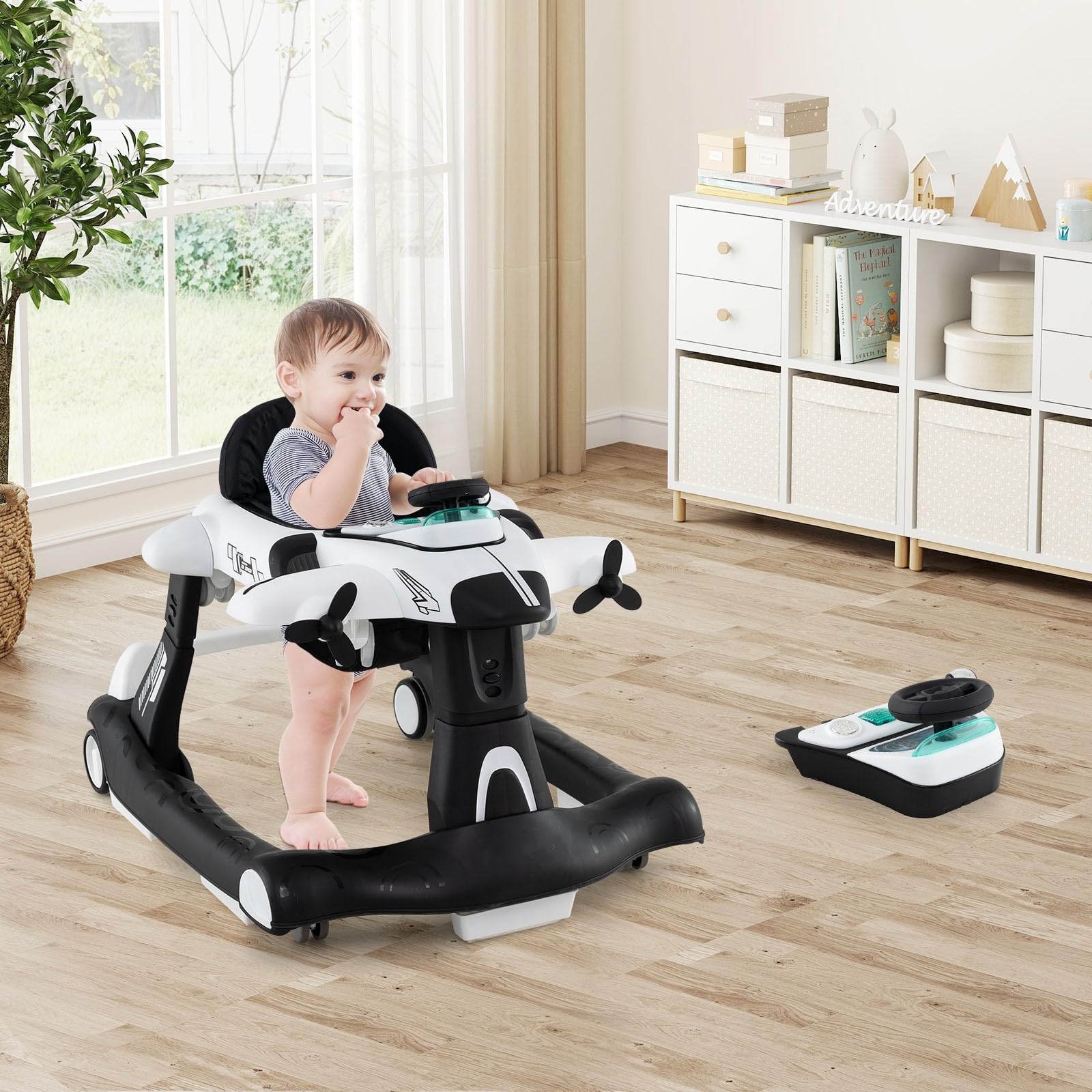 LIFEZEAL Girello per Neonati e Bambini 6-18Mesi, Primi Passi, Baby Walker, con Scatola Musicale, Vassoio per Mangiare, Ruote Silenziose, Altezza, Velocità Regolabili, Pieghevole, Trasformabile, Bianco