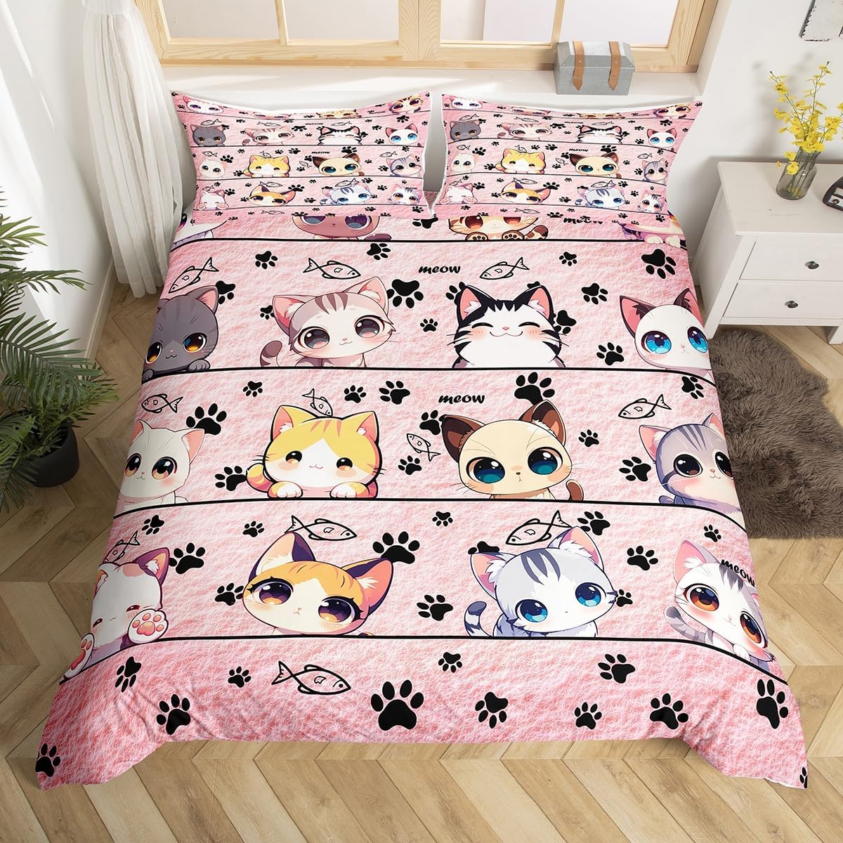 Cartoon Animals Duvet Cover Set Toddler Size,Cat Kitten Kitty Pet Pink Bedding Set,Kawaii Cute Cat Quilt Cover for Kids,Comforter Cover(No Filler),2 Pcs
