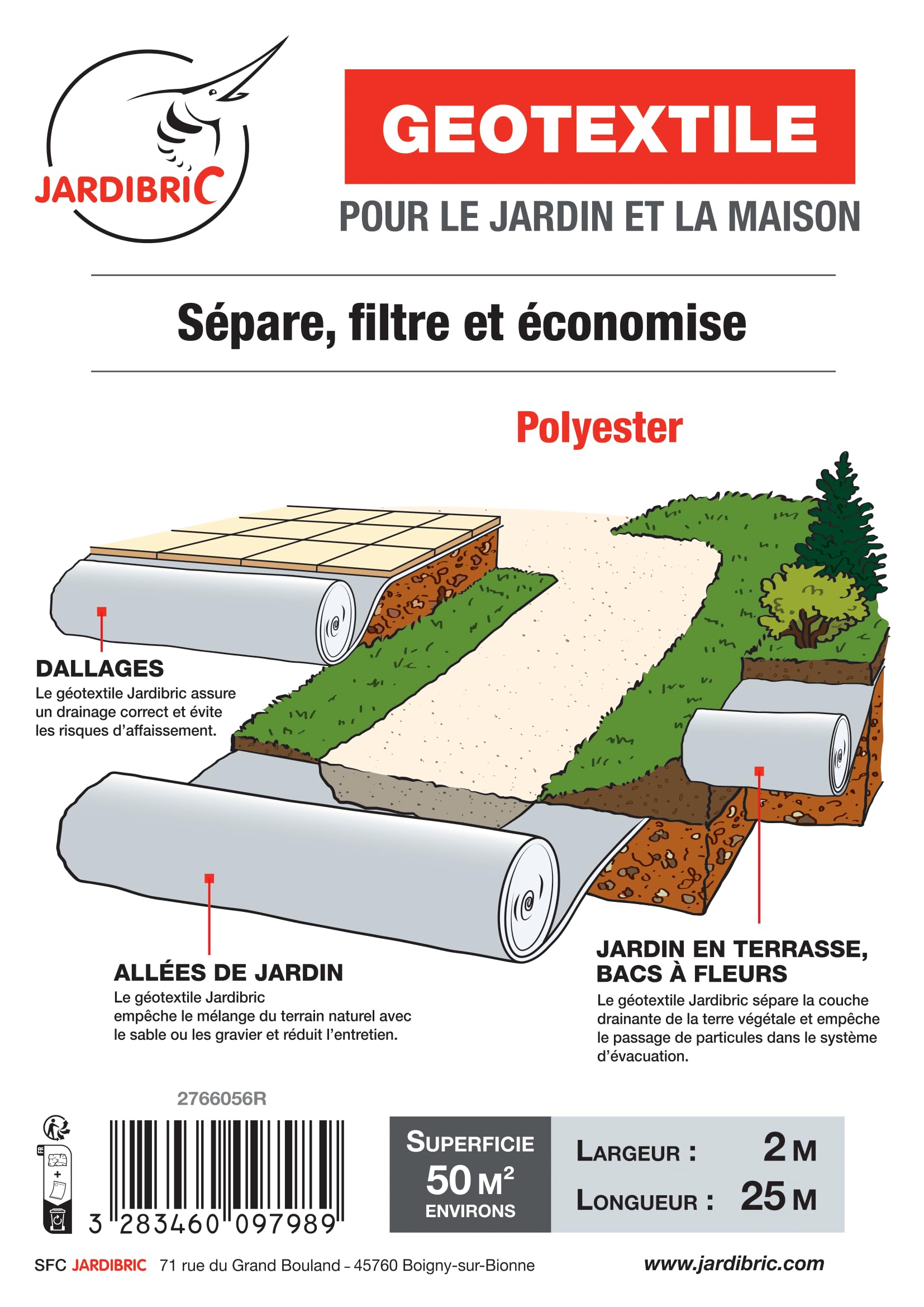 Jardibric - Rouleau Géotextile en Maille Anti-Mauvaises Herbes en Polyester 100 GR/m² - Préserve le Terrain Naturel (2 x 25 m)