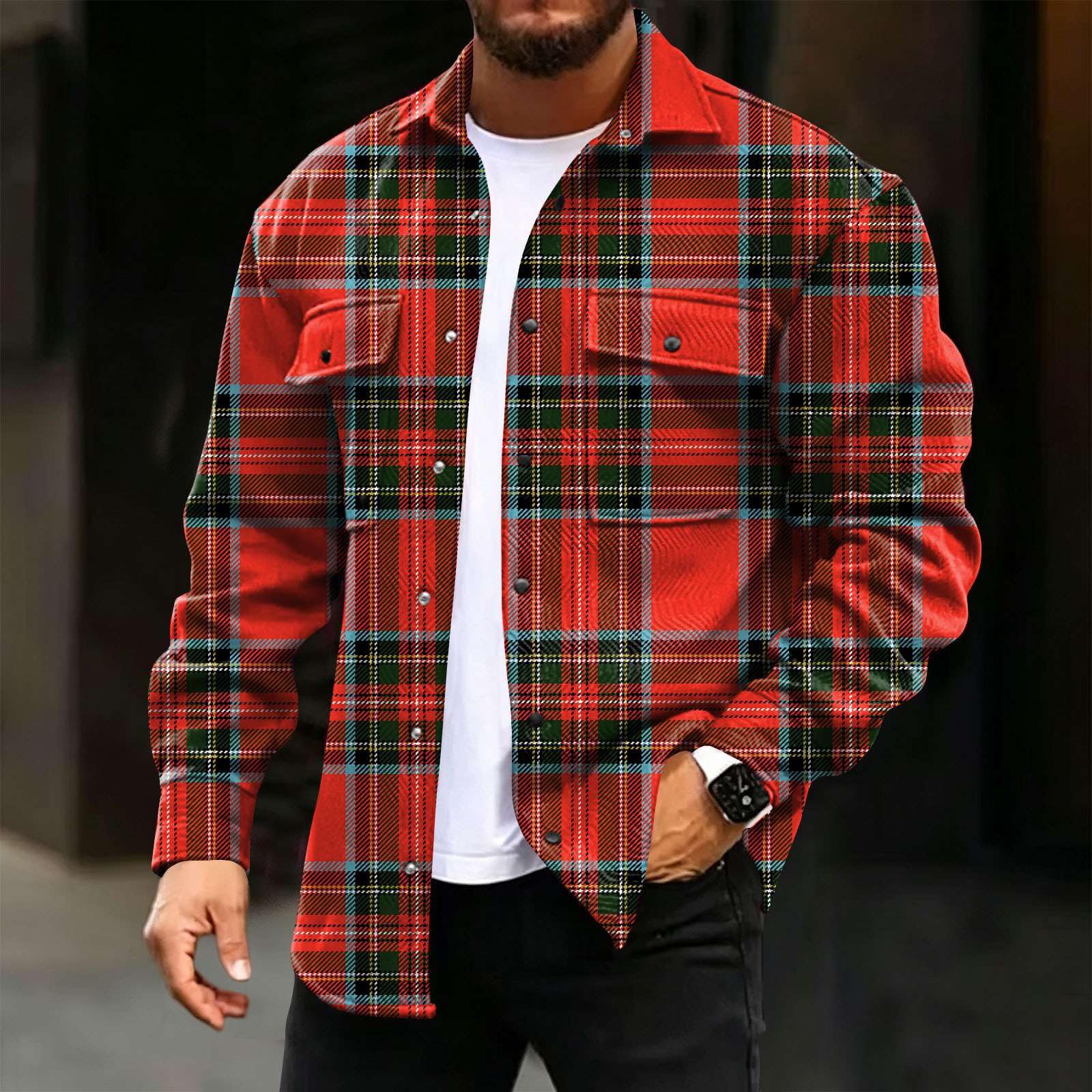 Generisch Langarmhemd Herren Kariert Hemdjacke Casual Baumwolle Karohemd