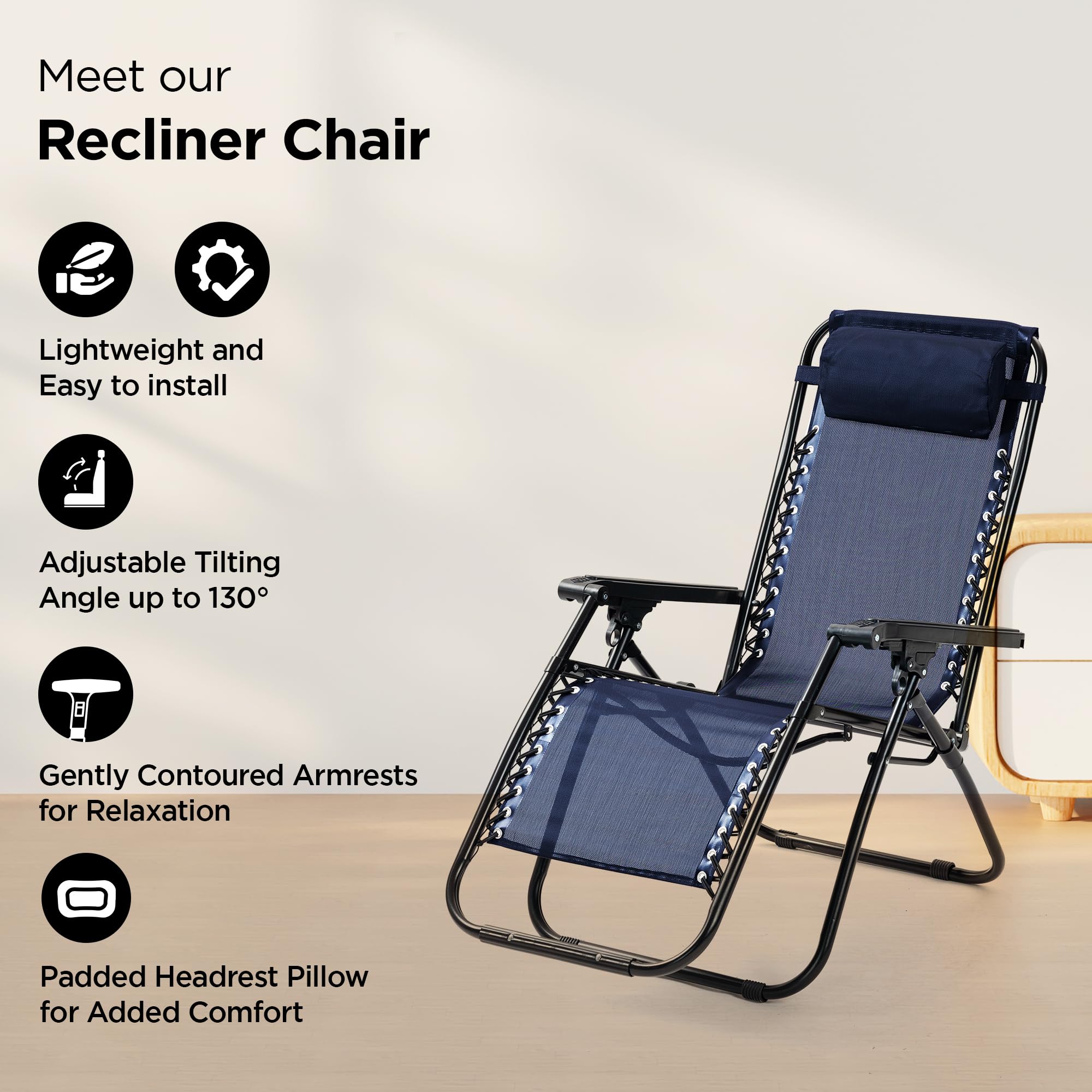 UMAI Recliner Chair | Comfortable, Portable Folding Chair | for Relaxing in the Home, Lounge, Room, Lawn or Balcony | Adjustable Pillow Included | Navy Blue 1