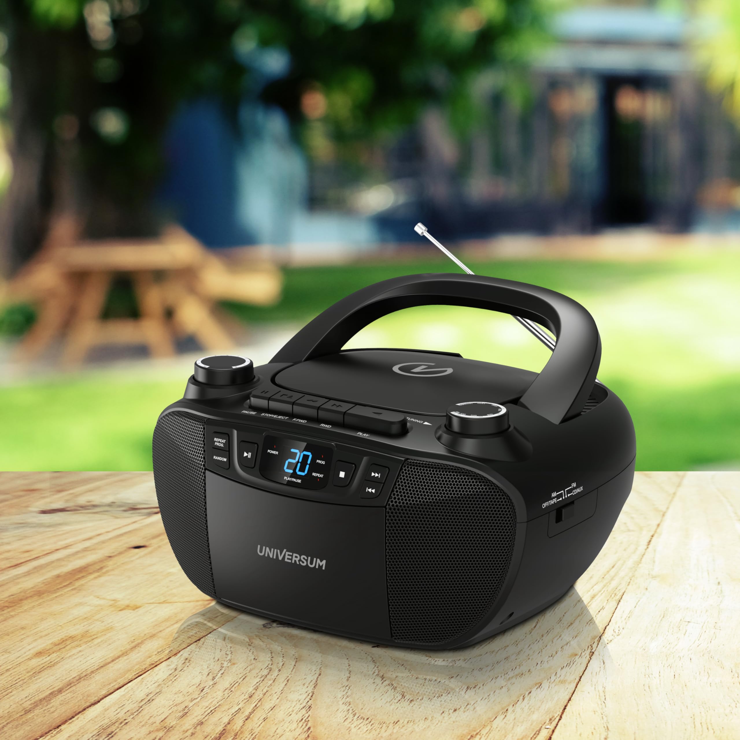 UNIVERSUM BB 200 - tragbarer CD-Player mit Radio und Kassette, Schwarz | Einfache Bedienung für Kinder & Senioren, AUX-IN, UKW Radio, Kopfhöreranschluss, Netz- & Batteriebetrieb