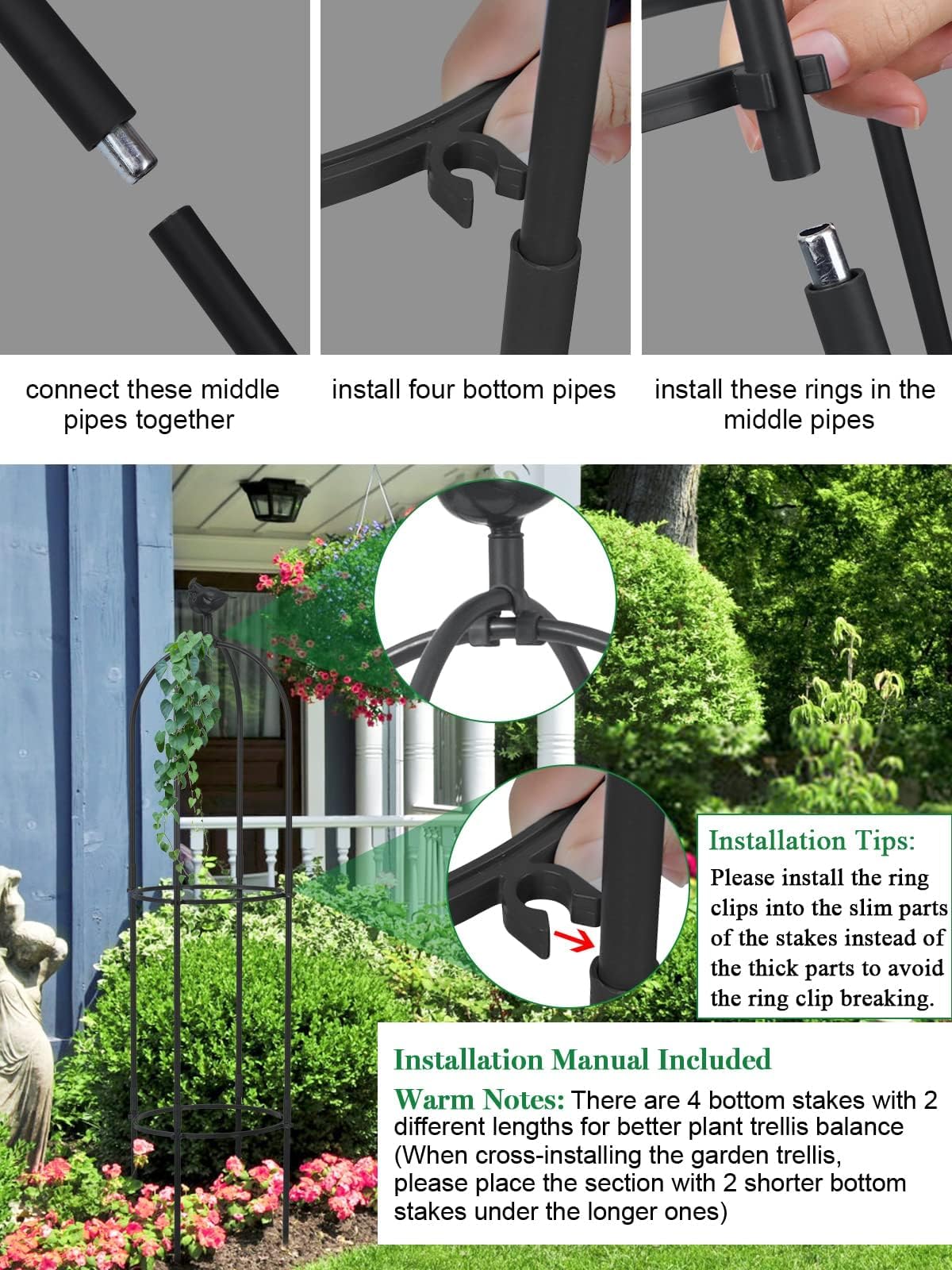 TOROKOM Obelisco de Jardín,183 cm Soporte Metálico Antioxidante para Plantas Trepadoras, Torre de Obelisco Resistente para Flores, Rosas, Enredaderas, Uso Interior y Exterior(Negro)
