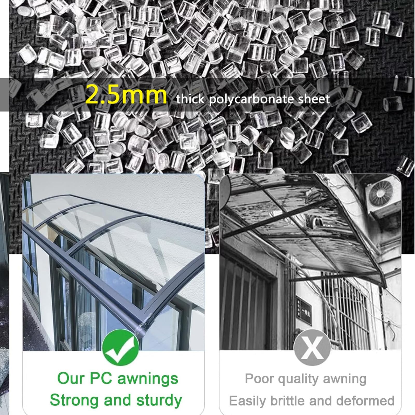 Haustürvordach, Sonnenschutz Wasserdicht Haustürdach Überdachung Türüberdachung ，Pultbogenvordach Vordach für Haustür， aus Polycarbonat+Basis aus Kohlenstoffstahl (Size : 120x300cm/47x118in)