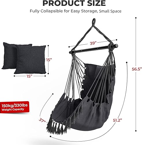 Miniatura 3 de Giantex Silla colgante hamaca columpio  con barra colgante de acero resistente, cómoda almohada para reposacabezas, 2 cojines, columpio de macramé