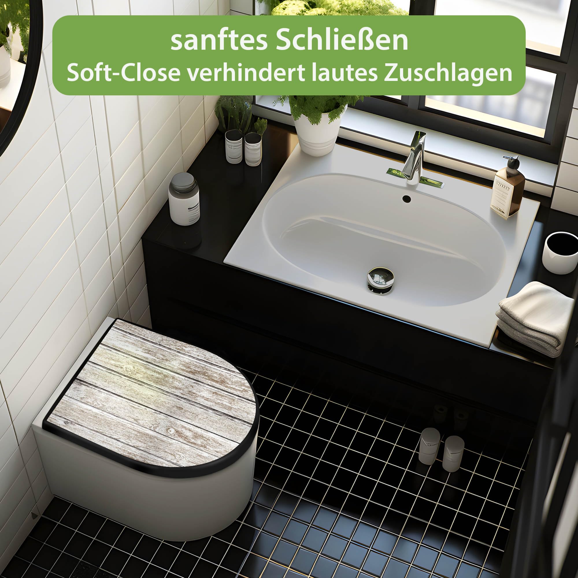 banjado WC Sitz mit Absenkautomatik D Form - Toilettendeckel mit Absenkautomatik D Form - Klodeckel Softclose - stabile Klobrille - Toilettensitz Schwarz - Motiv Schwarzes Holz