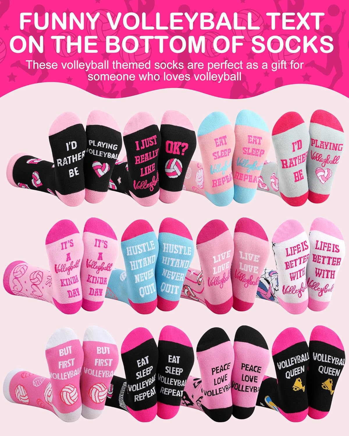 Patelai 12 Pairs Novelty Volleyball Socks for Women Funny Sport Cotton Crew Sock Bulk Gifts for Volleyball Lovers Team Player - Image 3