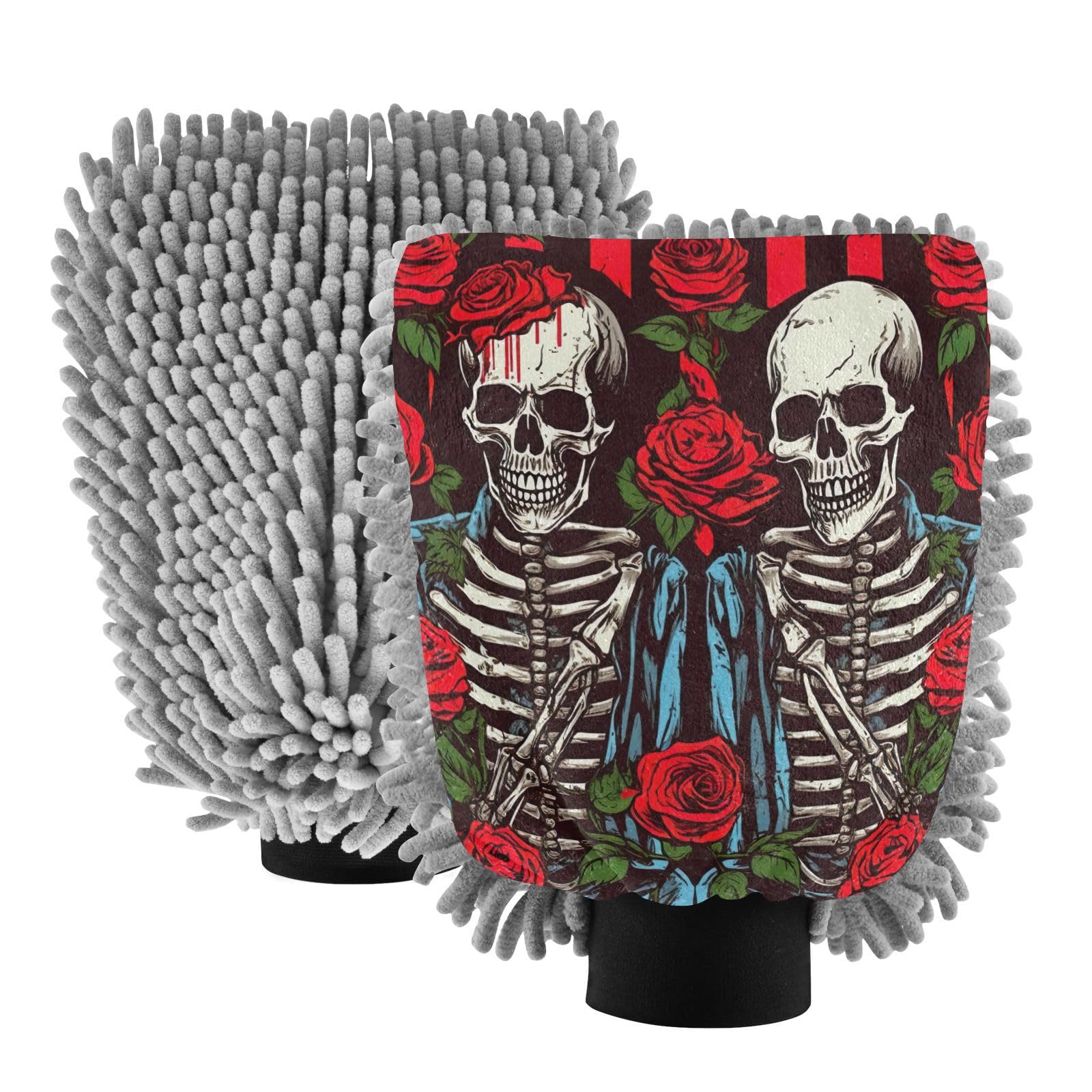 Flradish 2 Pack Beautiful Rose and Skull Car Wash Mitt Chenille Microfiber Lint-Free Scratch Free Ultra-Soft Absorbent Car Wash Mitt 11.8x8.07 Inch