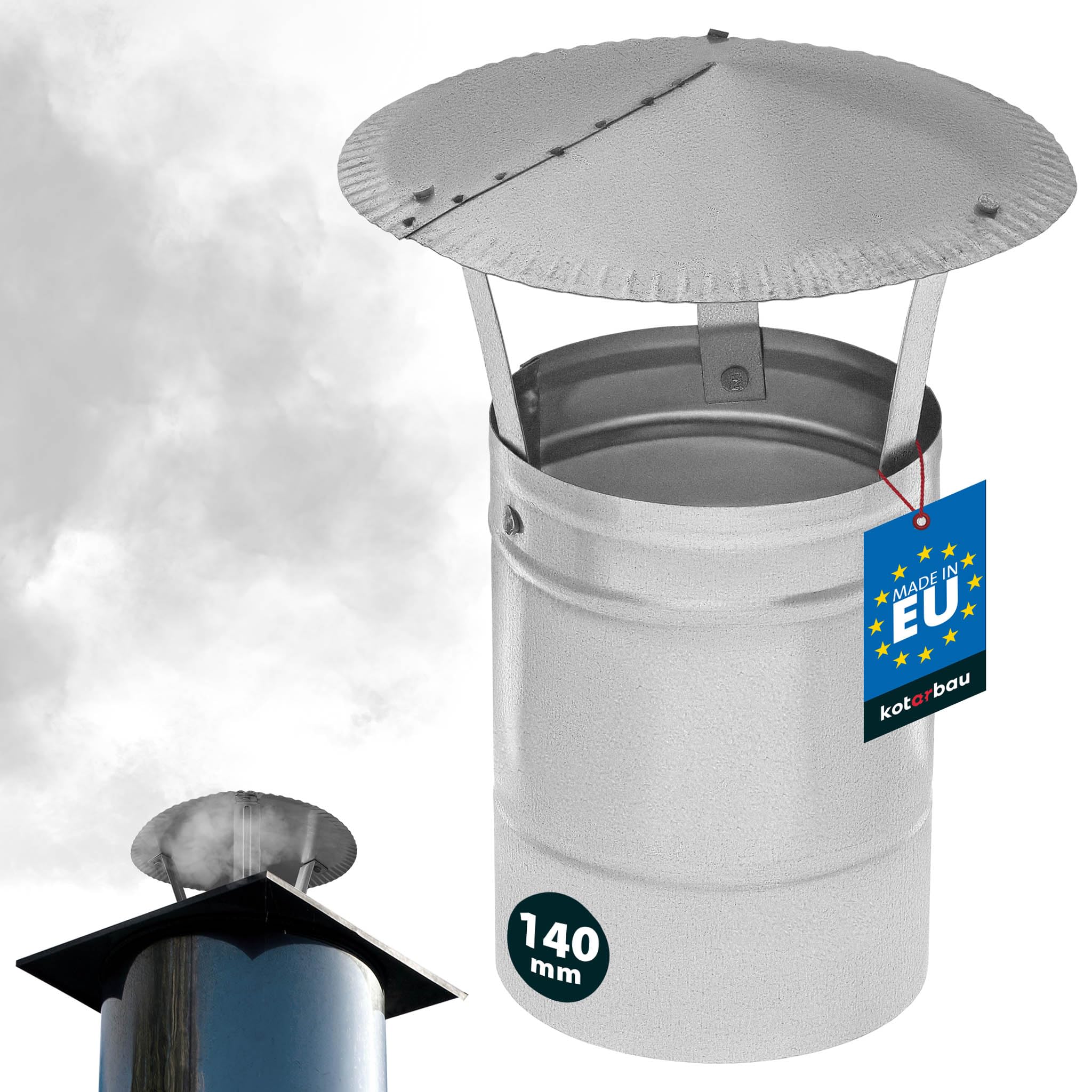 KOTARBAU® Chimney Cow - Chimney Cap - Galvanised Steel - ø 140 mm (5.51 in) - Silver - Flue Rain Cap - Flue Cowl - Rust Resistant - Rain Hat